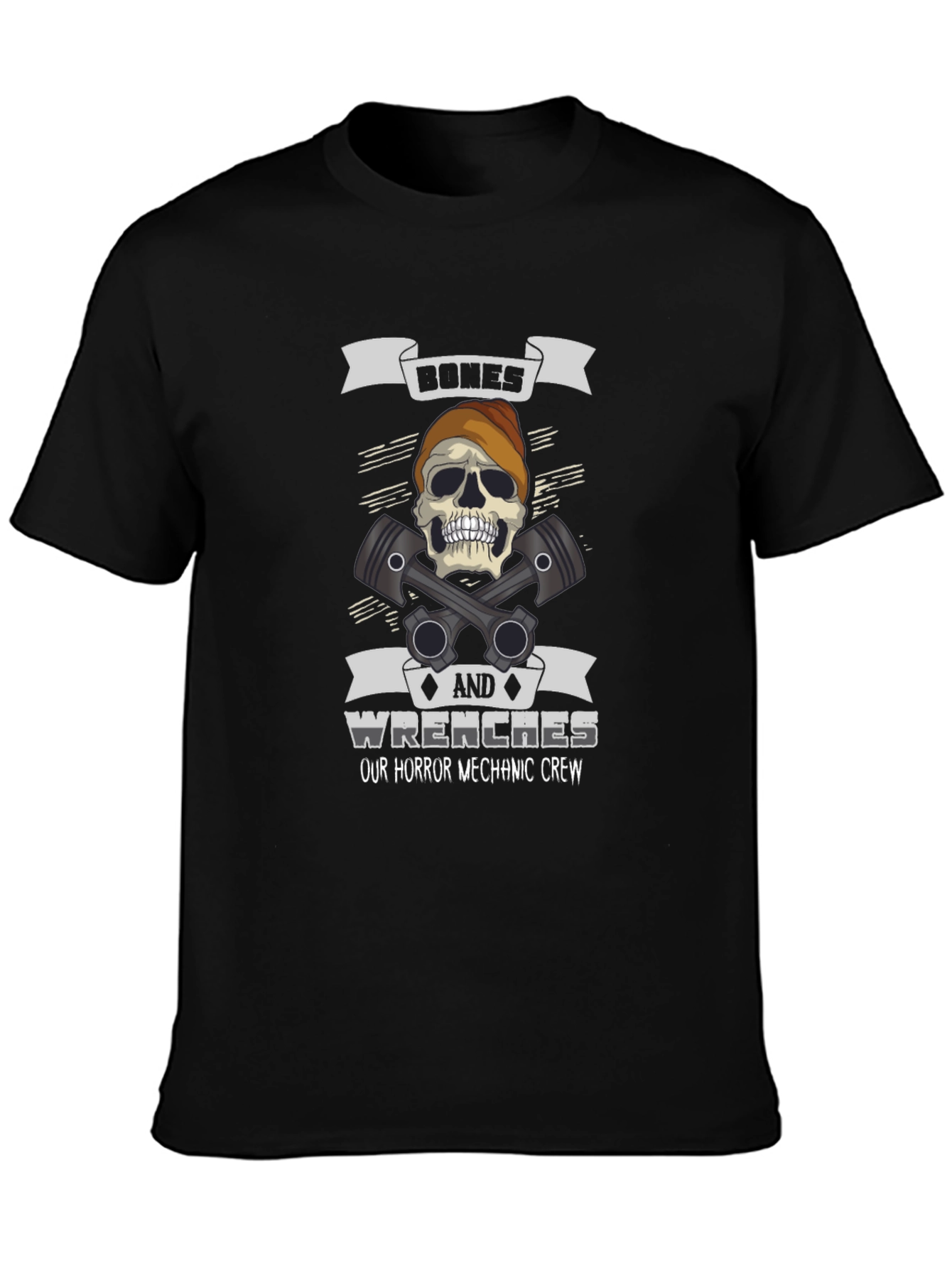 Black Bones & Wrenches Horror Mechanic Crew Black T-Shirt view 3