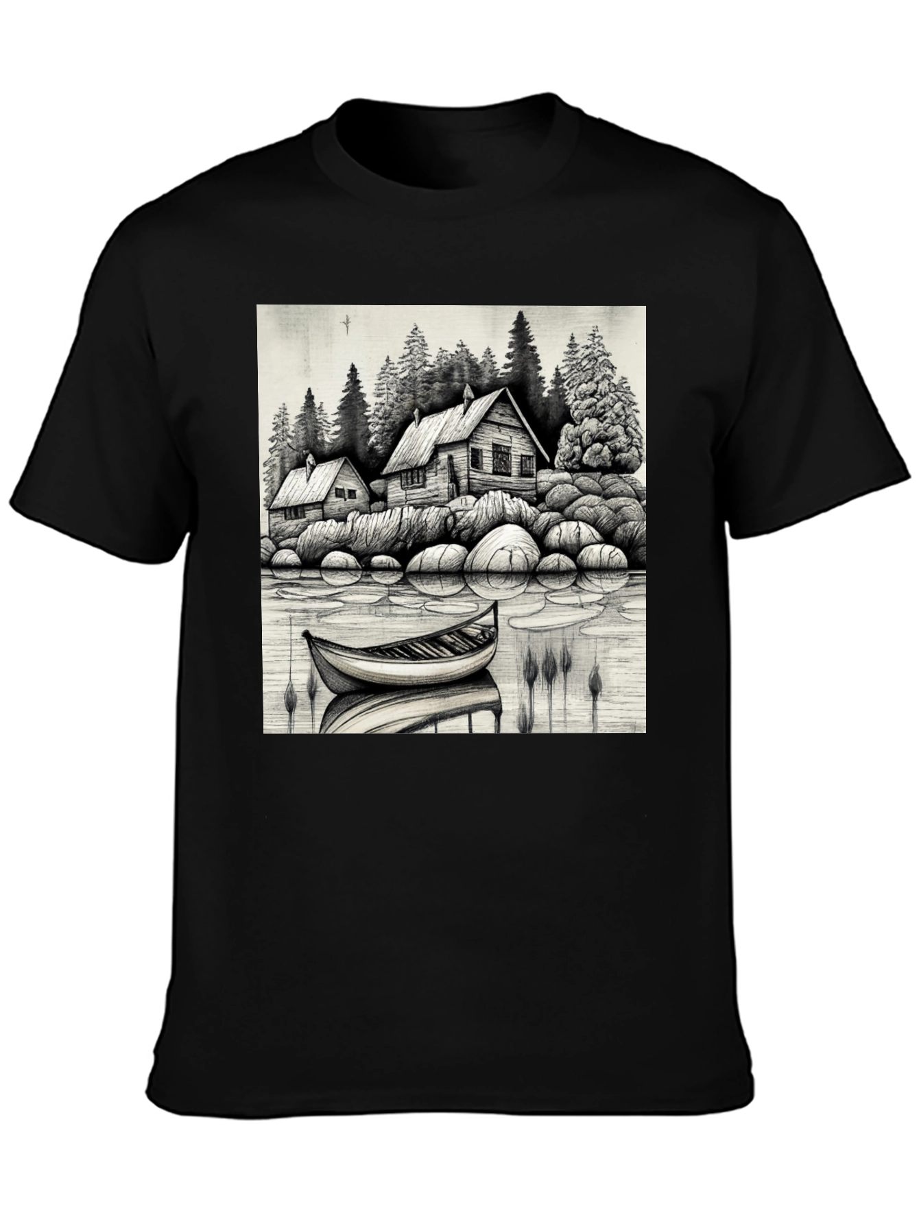 Black Cabin Lake Scene T-Shirt view 3