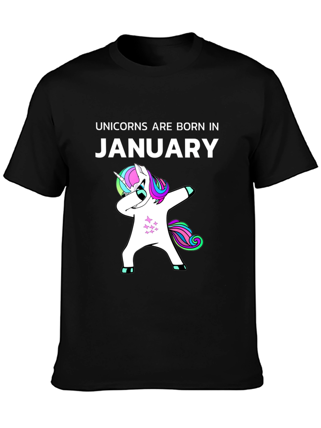 Black Unicorns Born in January Black T-Shirt view 3
