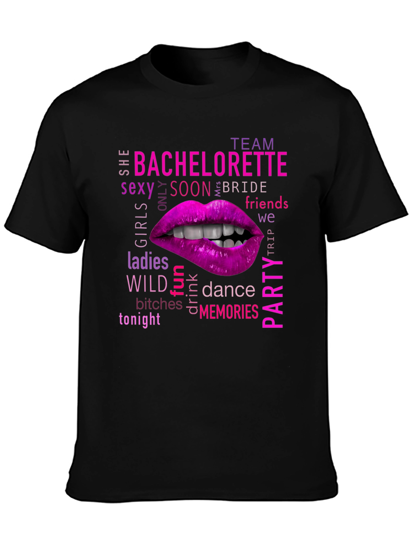 Black Bachelorette Party Lips Graphic T-Shirt view 3