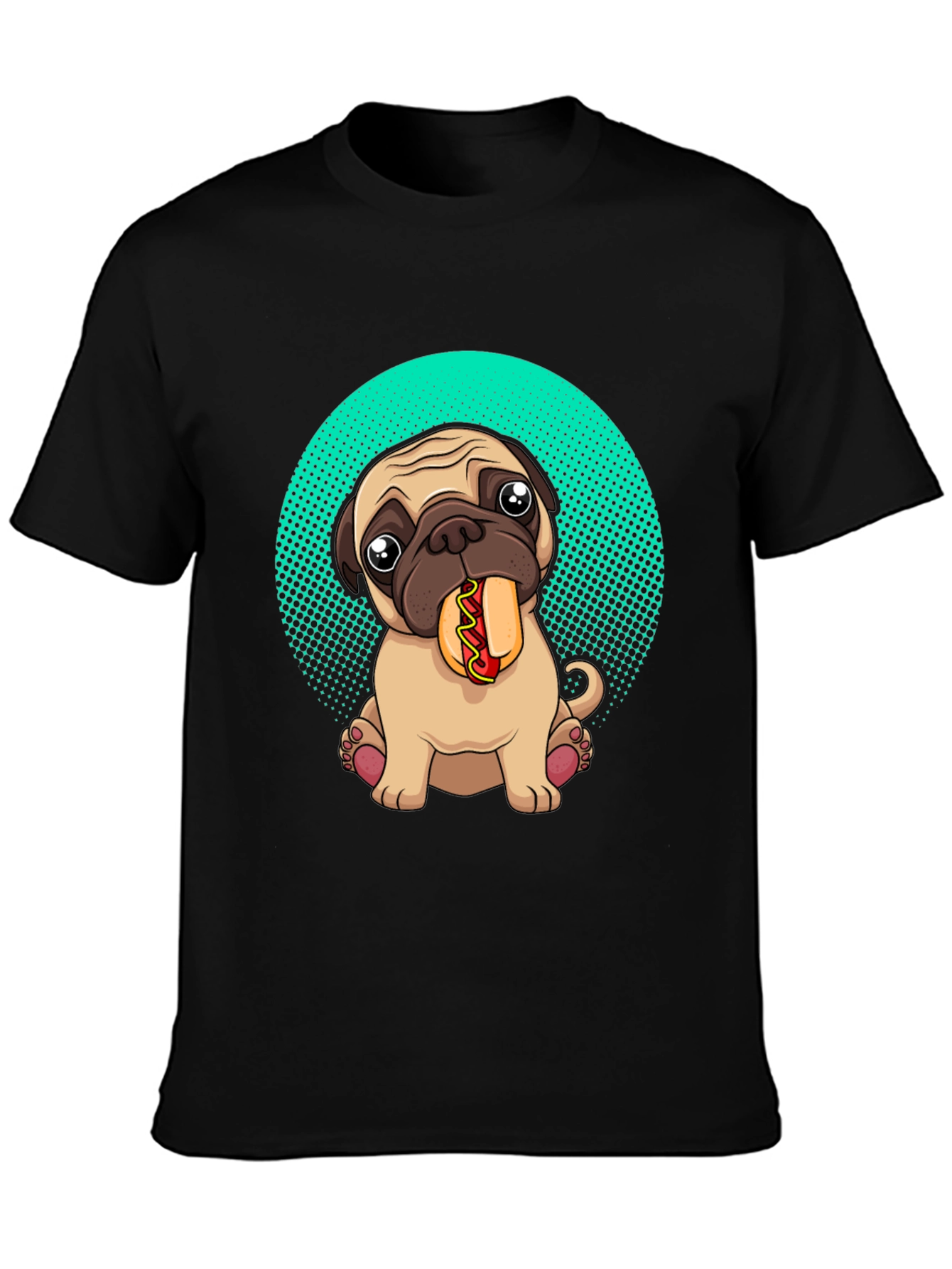 Black Pug Eating Hotdog Graphic T-Shirt - Cute Dog Tee view 3