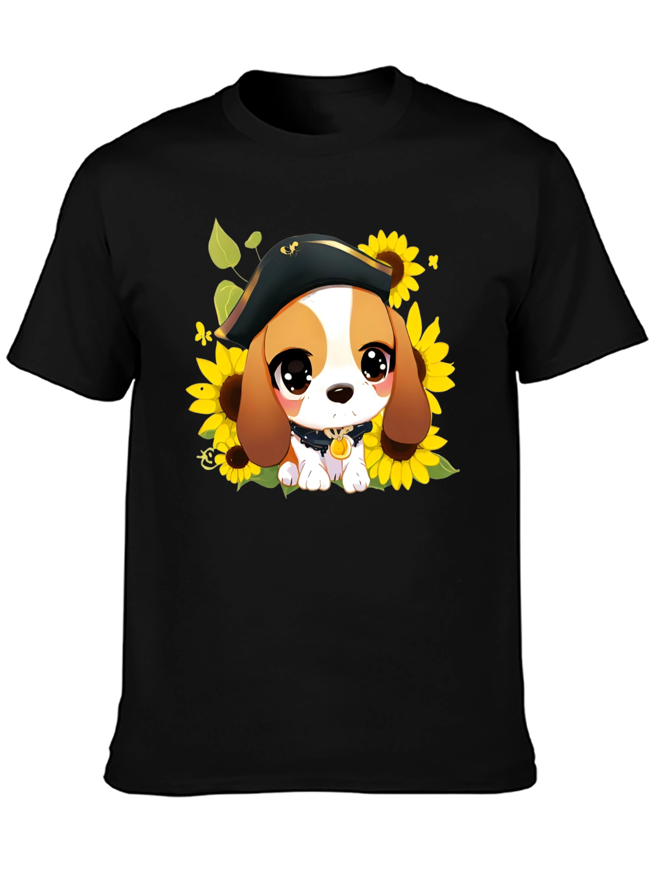 Black Cute Cartoon Beagle in Pirate Hat T-Shirt view 3