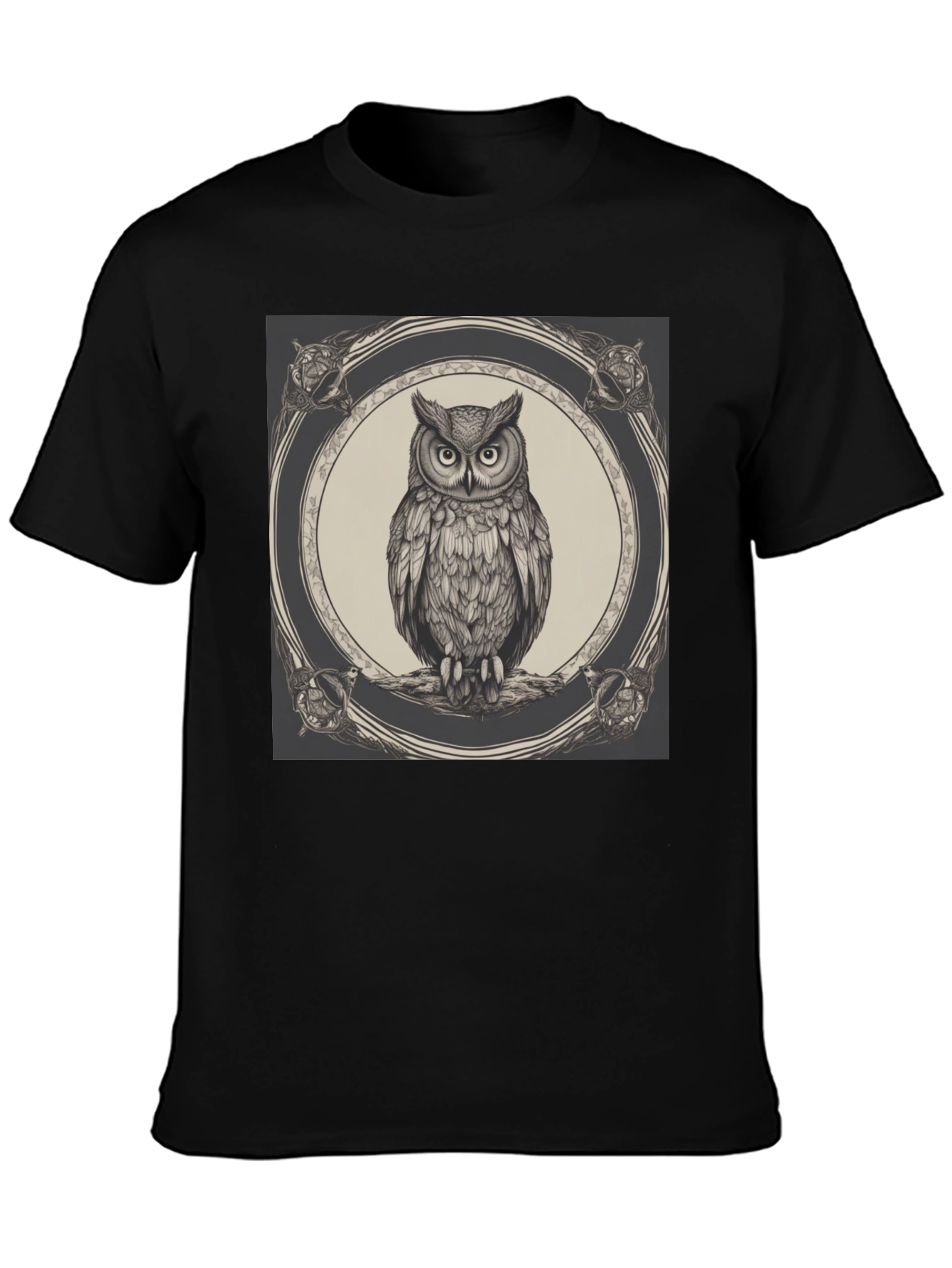 Black Owl Graphic Print Black Crew Neck T-Shirt view 3