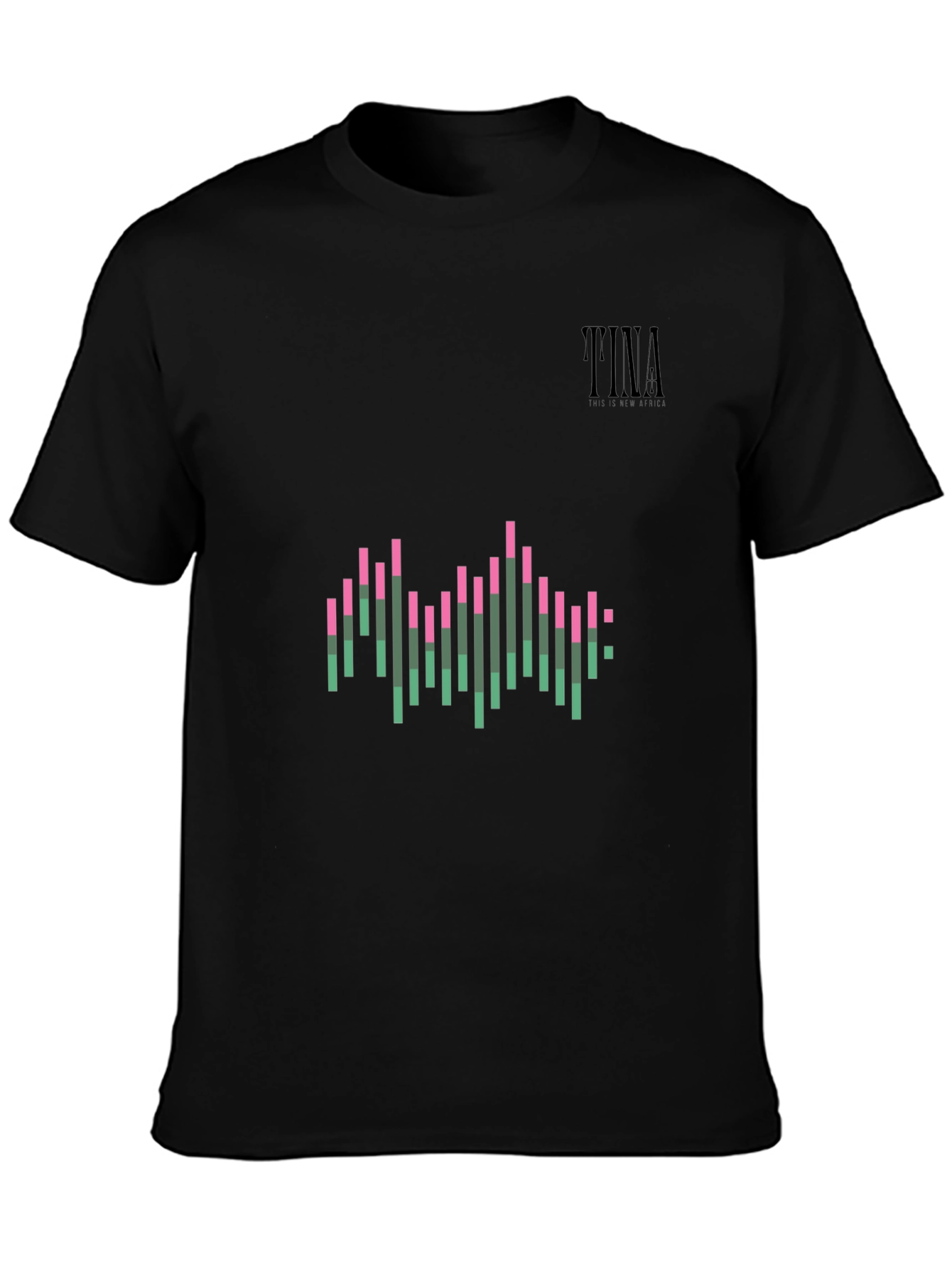 Black Stylish Black Graphic Tee: Pink & Green Wave Design view 3