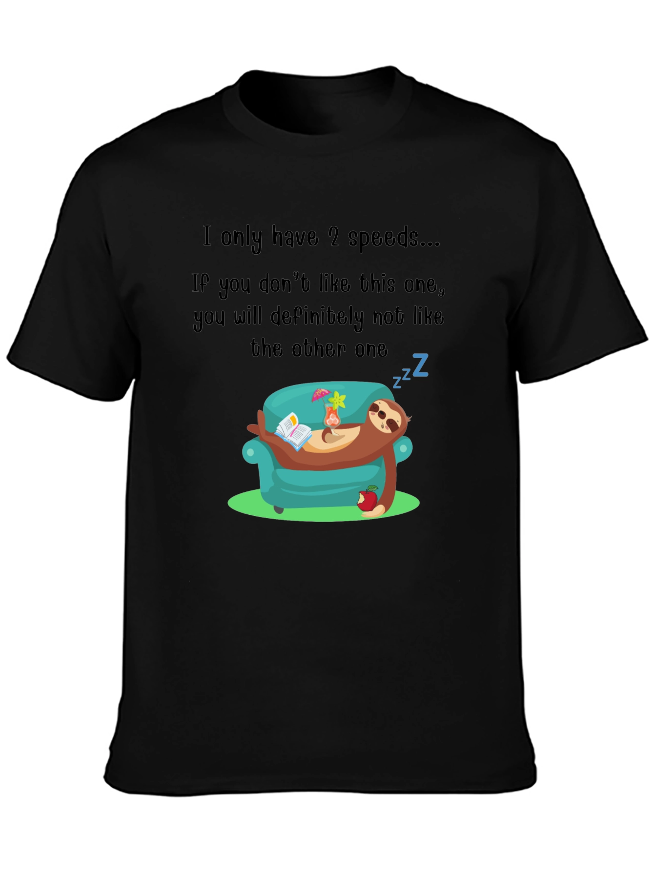 Black Funny Sloth 2 Speeds T-Shirt view 3