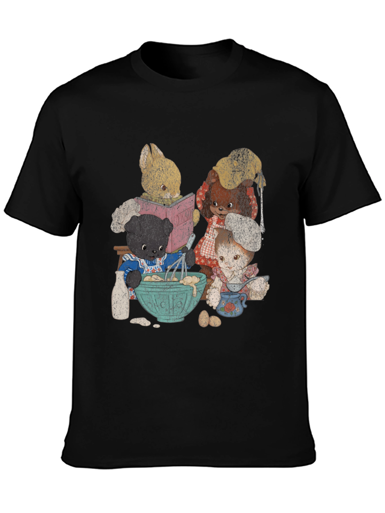 Black Retro Cartoon Animal Baking Crew Graphic Tee view 3