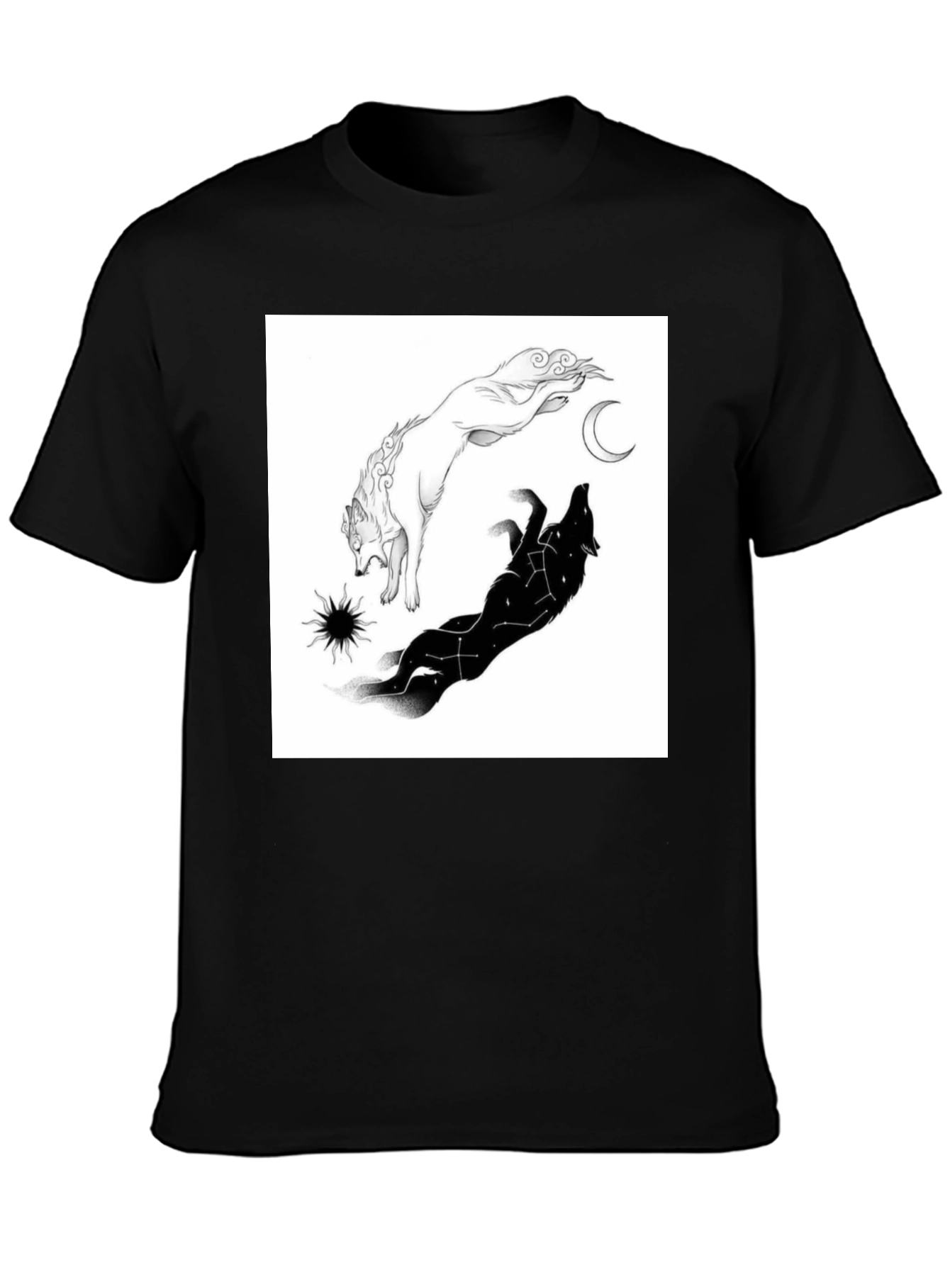 Black Yin Yang Wolf Graphic T-Shirt - Celestial Design view 3