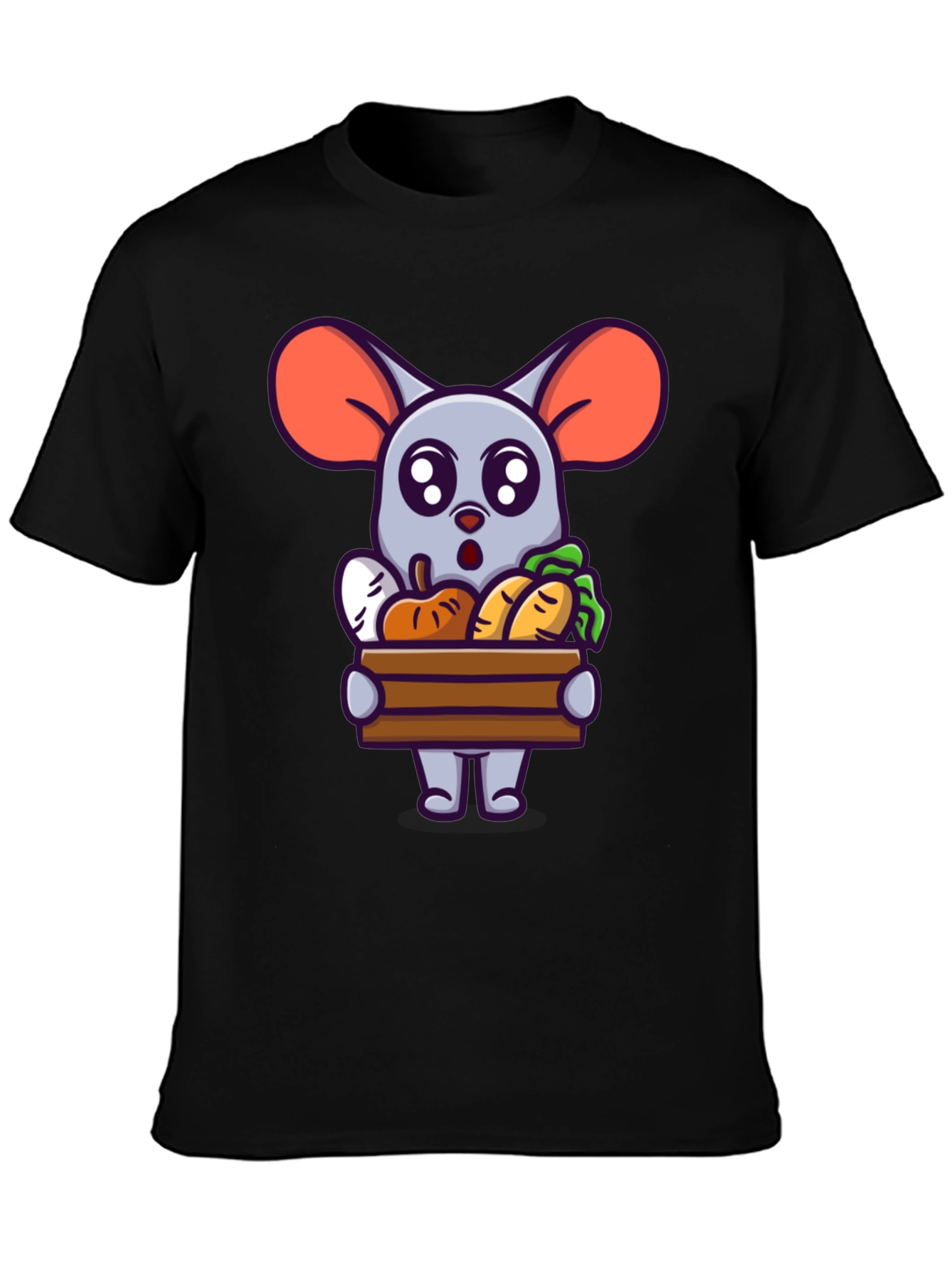 Black Cute Cartoon Mouse with Veggies T-Shirt view 3