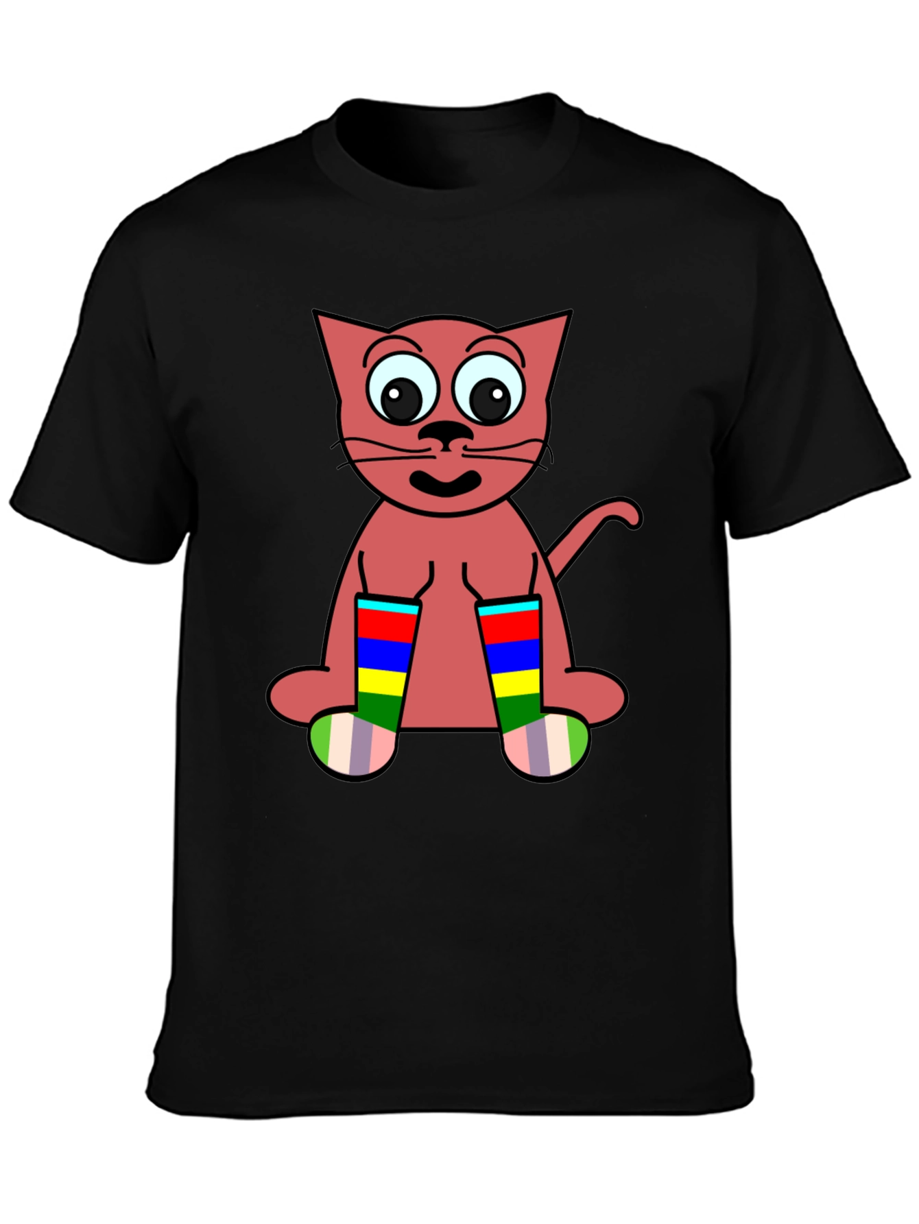 Black Cartoon Cat Rainbow Socks Black T-Shirt view 3