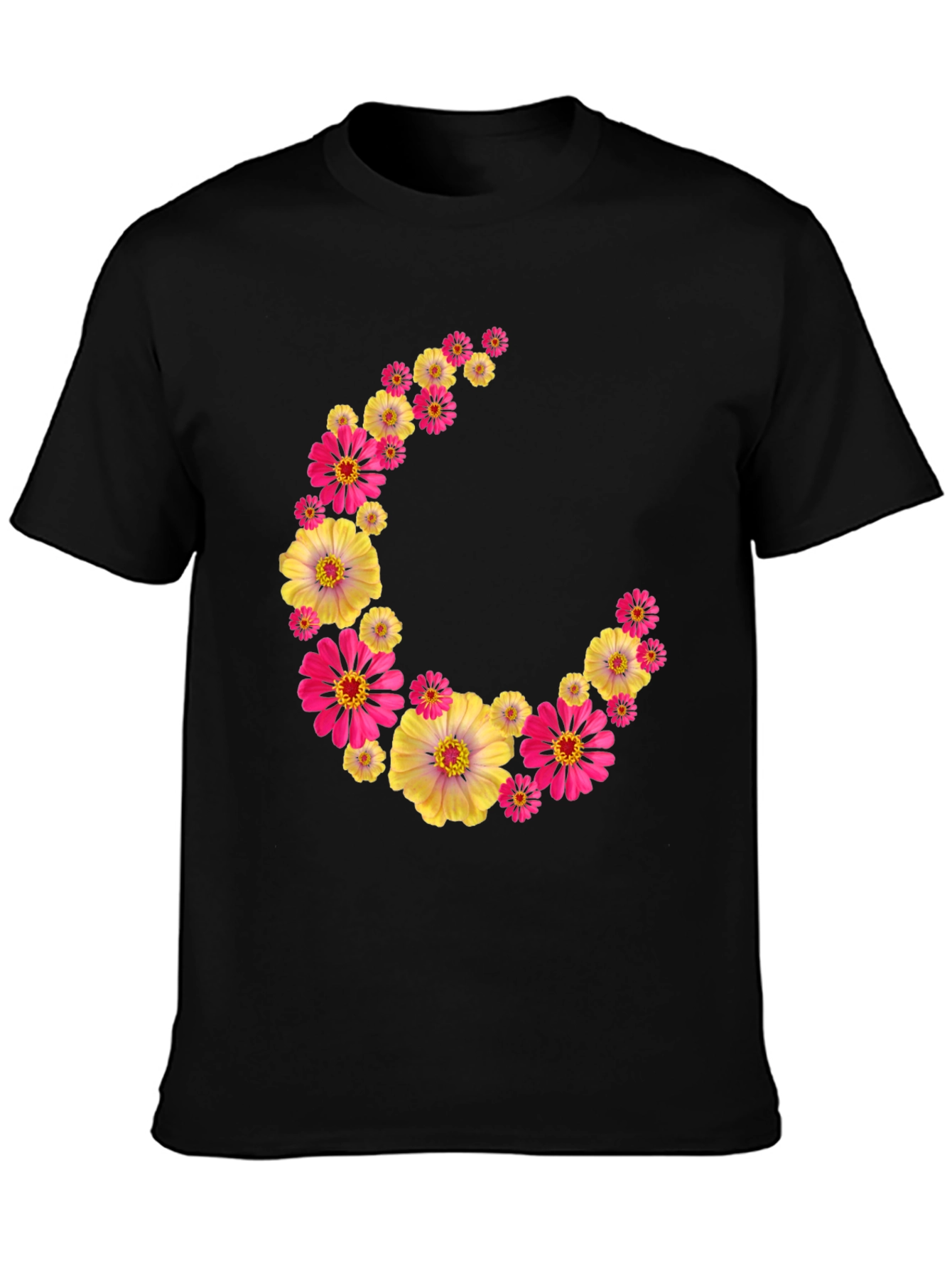 Black Floral Crescent Moon Black T-Shirt view 3