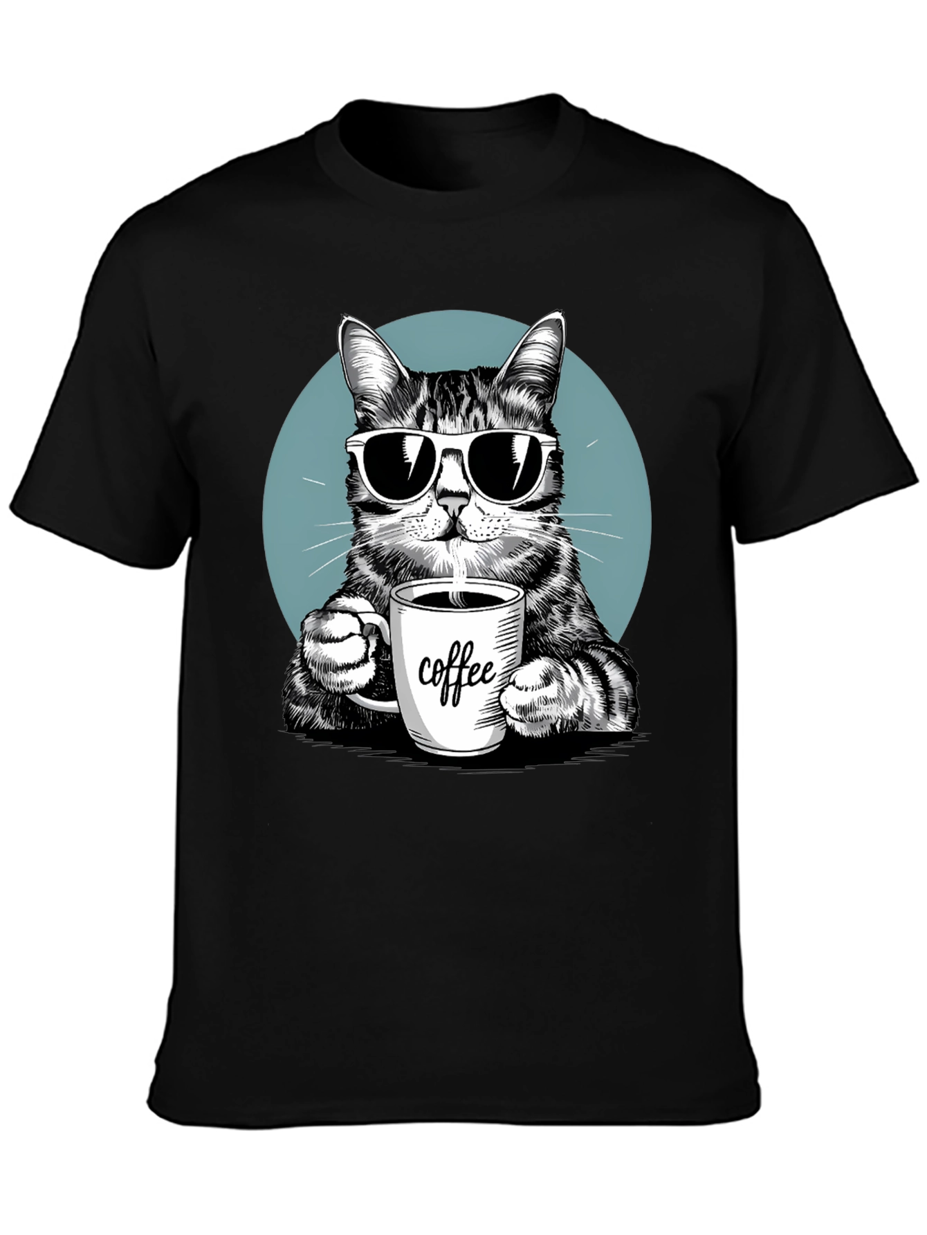 Black Cool Cat Coffee Lover Graphic T-Shirt view 3