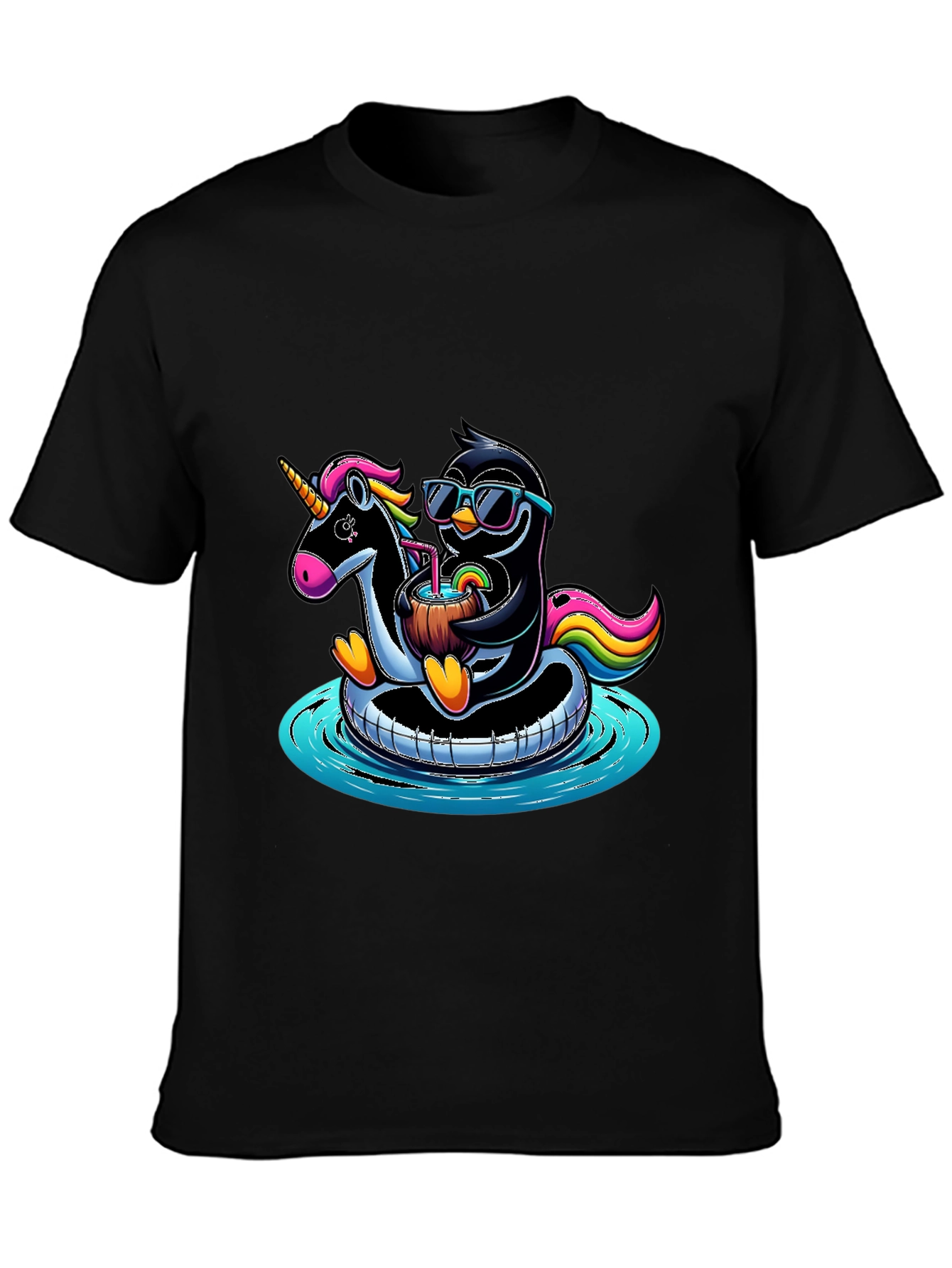 Black Penguin & Unicorn Pool Party Graphic Tee view 3