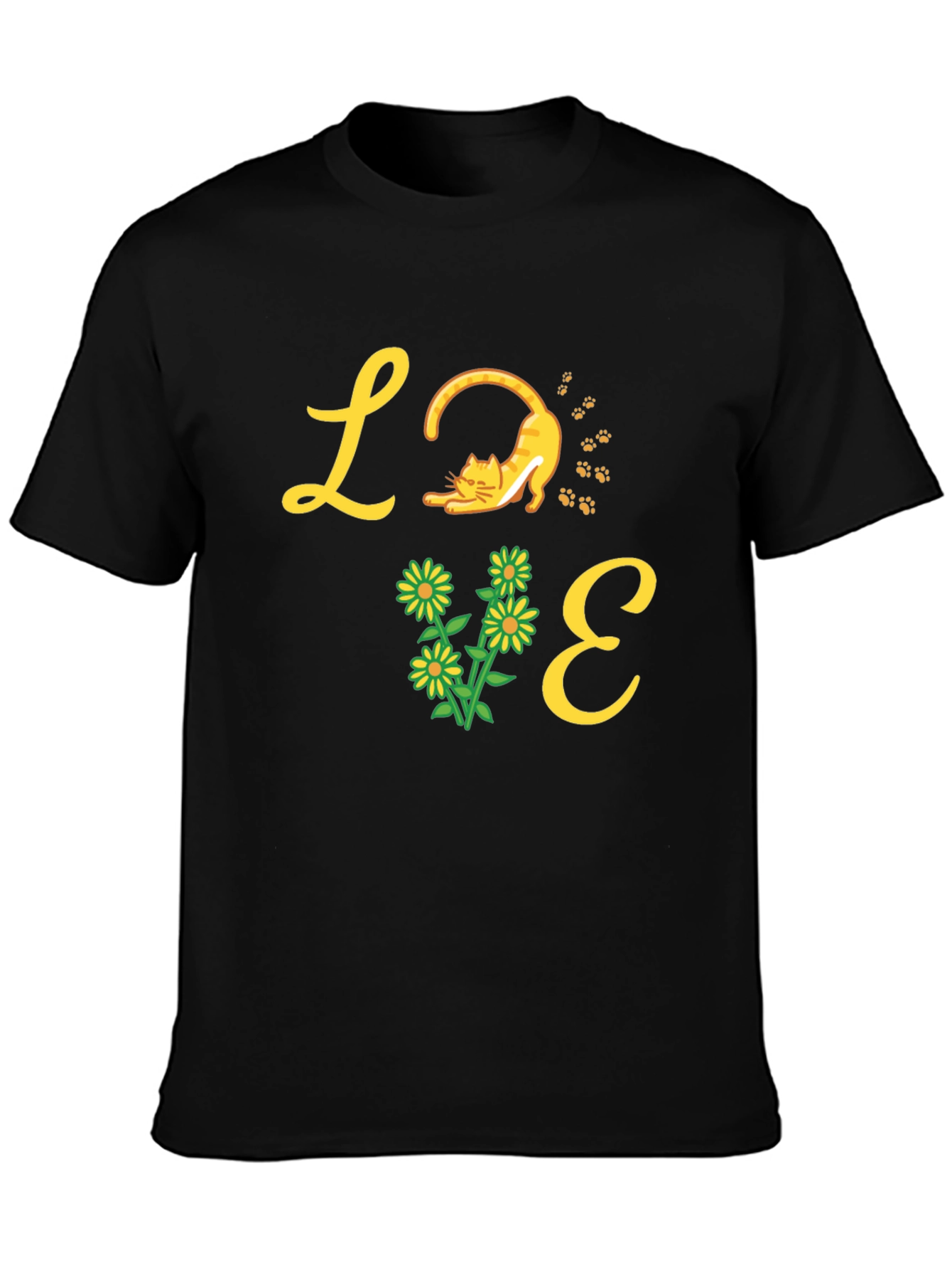 Black Love Cat & Flower Graphic T-Shirt - Black view 3