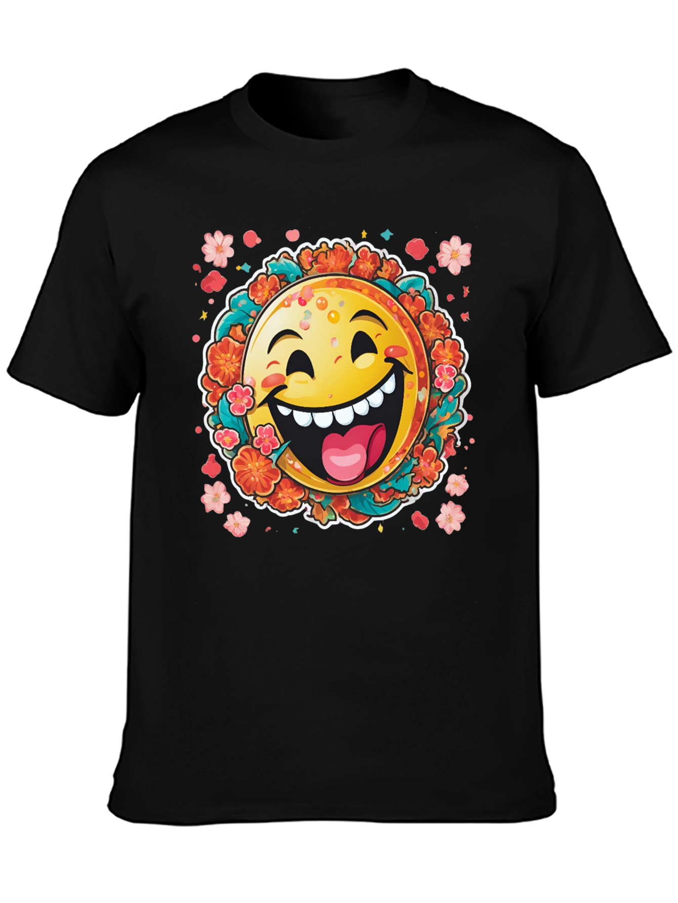 Black Happy Emoji Graphic T-Shirt - Fun Floral Design view 3