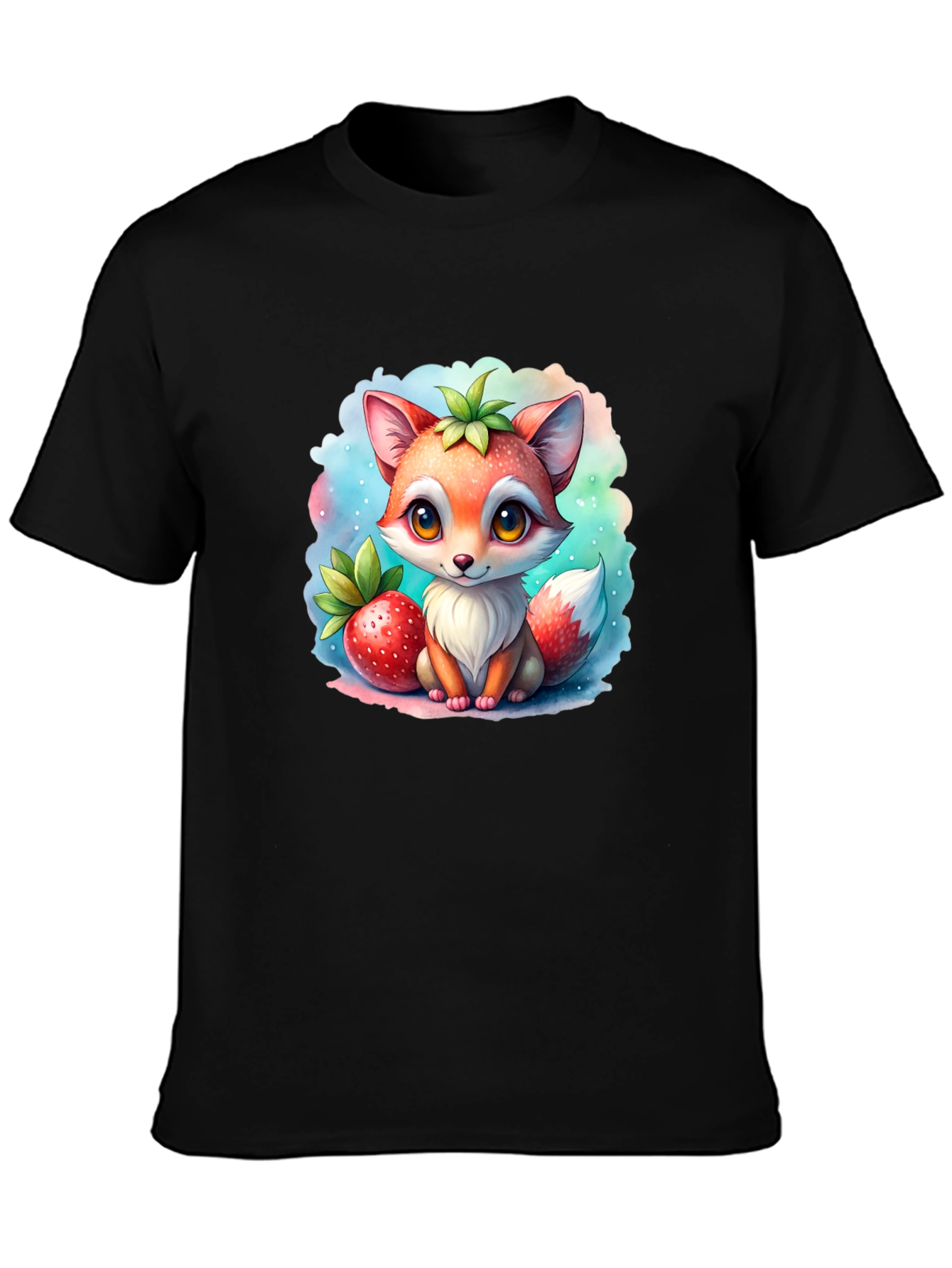 Black Cute Cartoon Fox Strawberry T-Shirt view 3