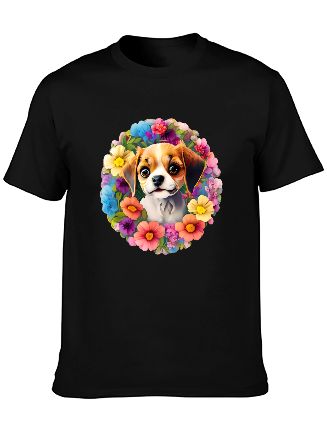 Black Dog Surrounded By Flowers T-shirt view 3
