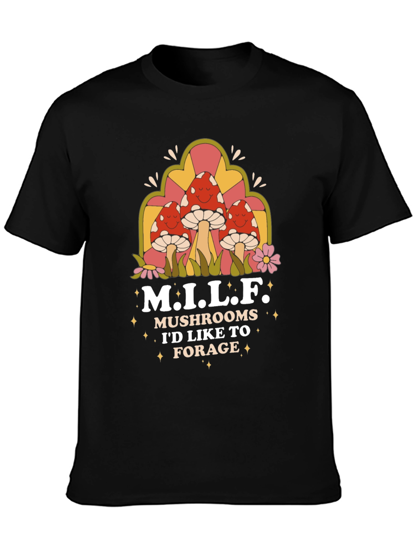 Black M.I.L.F Mushrooms Black T-Shirt view 3