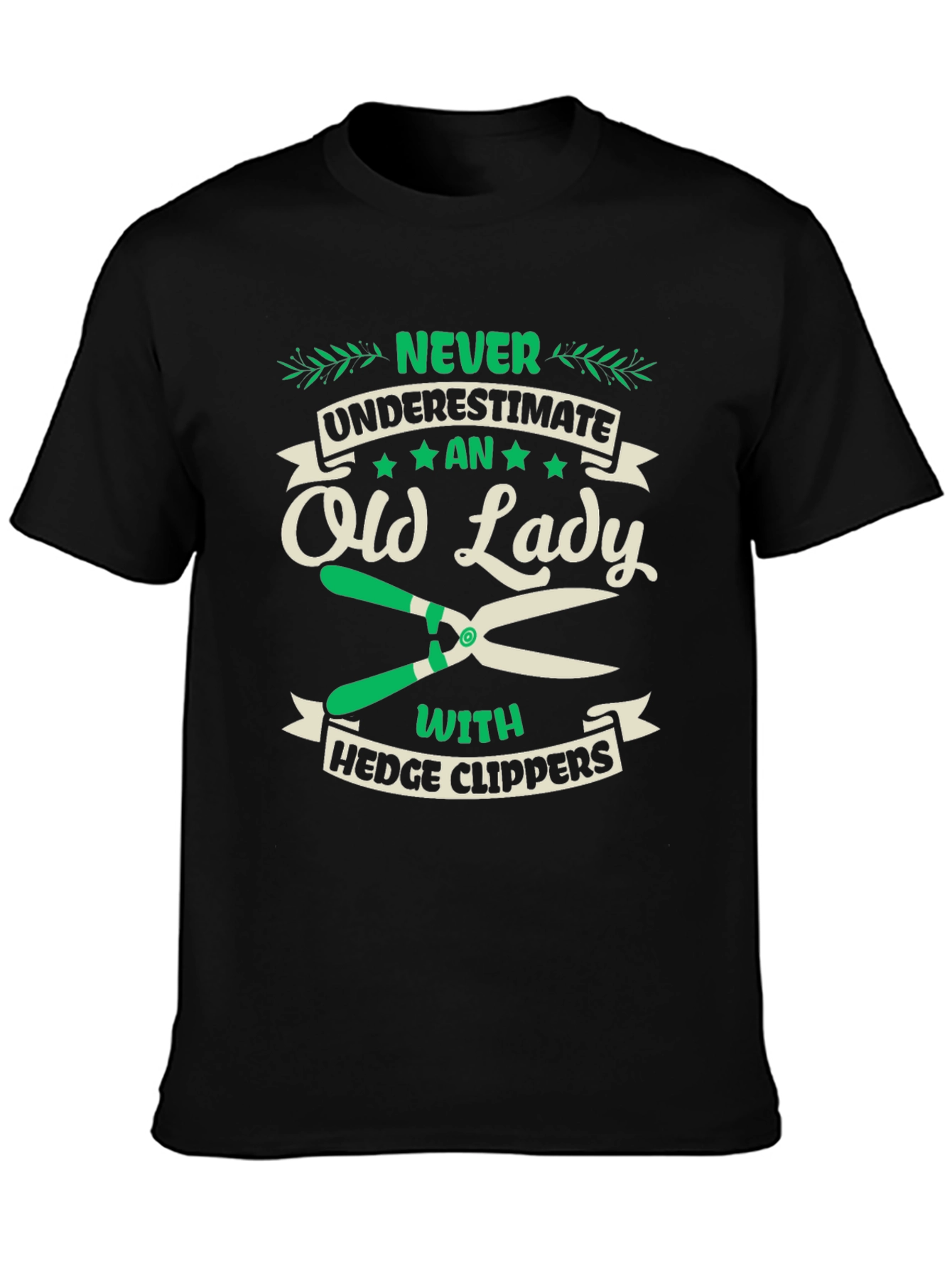 Black Funny Old Lady Hedge Clippers T-Shirt view 3