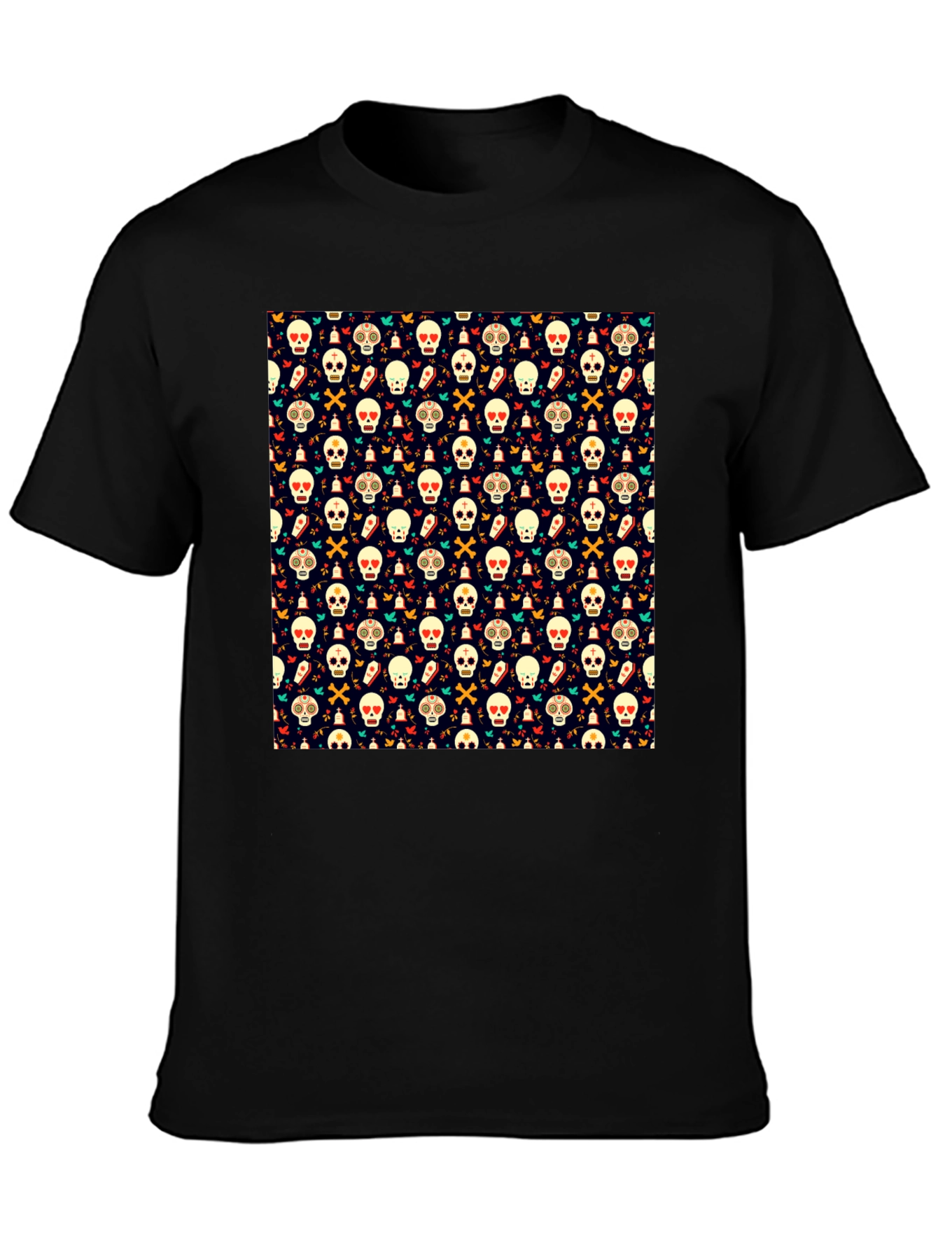 Black Day of the Dead Skull Pattern Black T-Shirt view 3