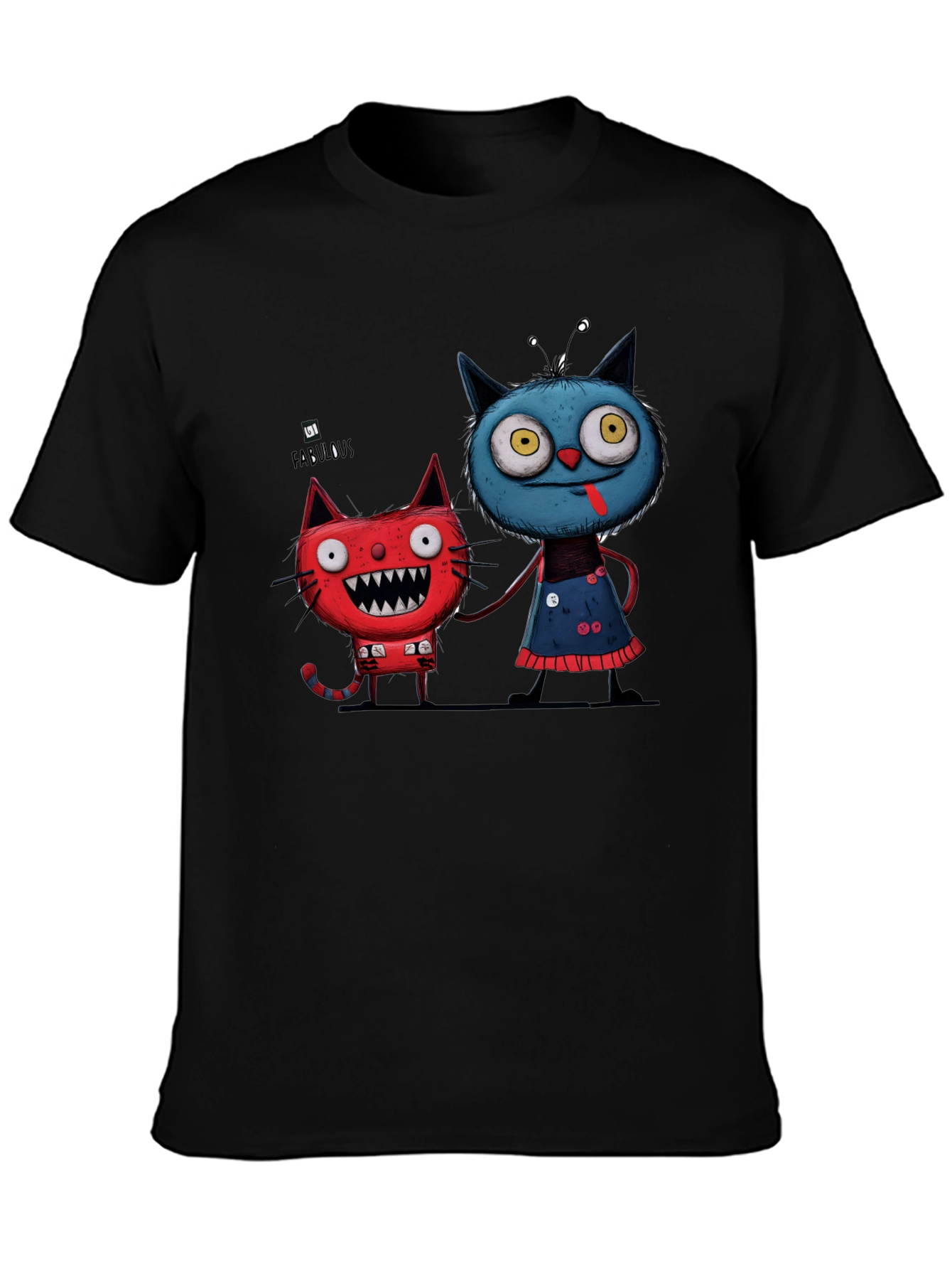 Black Cartoon Cat Graphic Tee - Whimsical Black T-Shirt view 3