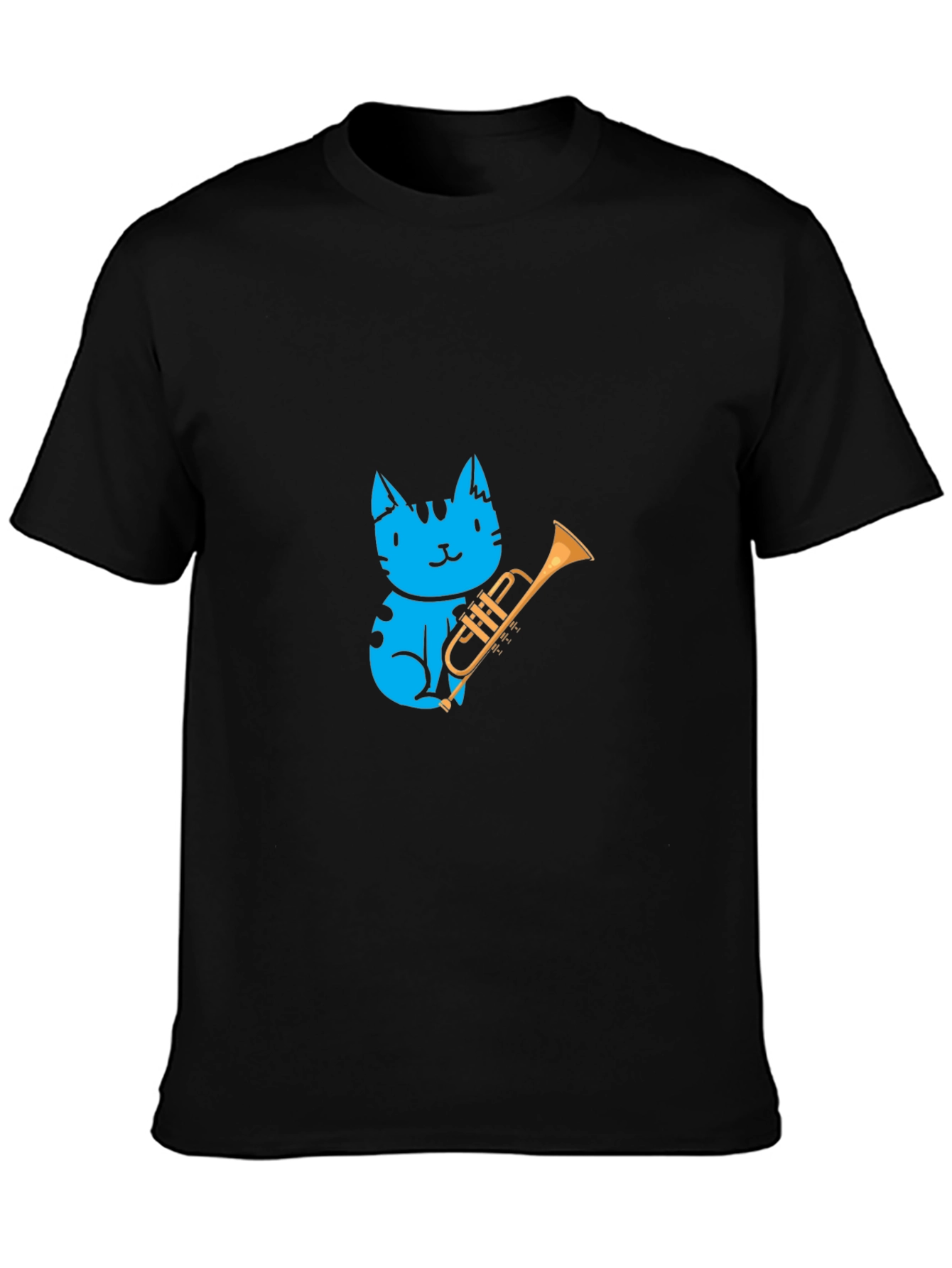 Black Blue Cat Trumpet Player Graphic Tee view 3