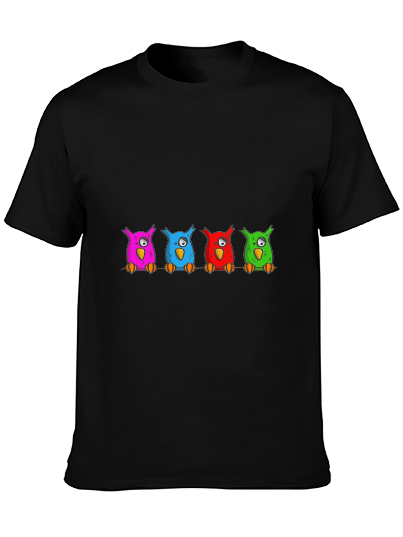 Black Colorful Cartoon Owls on a Branch T-Shirt view 3