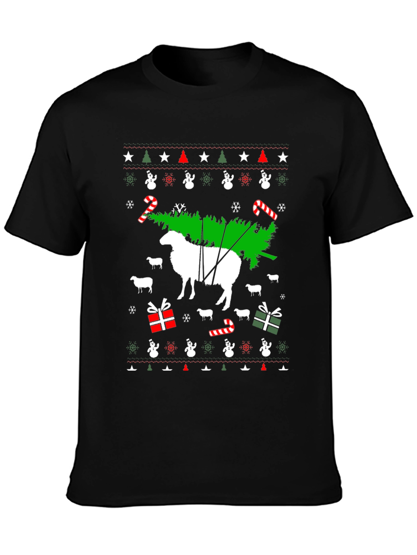 Black Funny Sheep Christmas Tree T-Shirt view 3