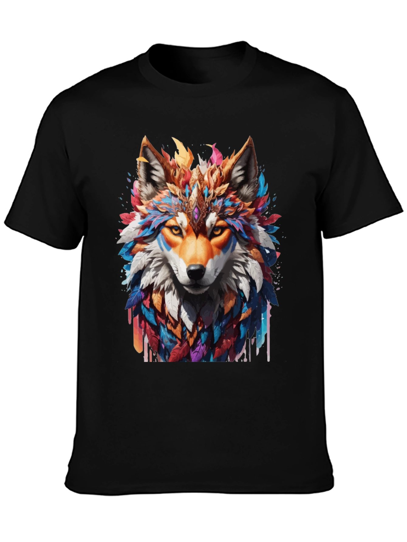 Black Colorful Wolf Graphic T-Shirt view 3