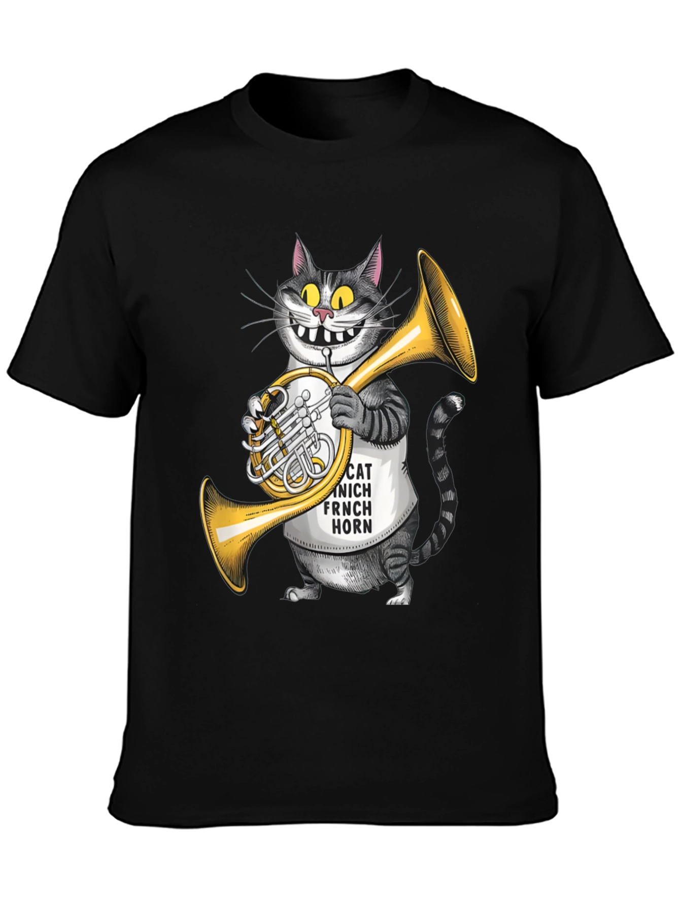 Black Funny Cat French Horn Player T-Shirt view 3