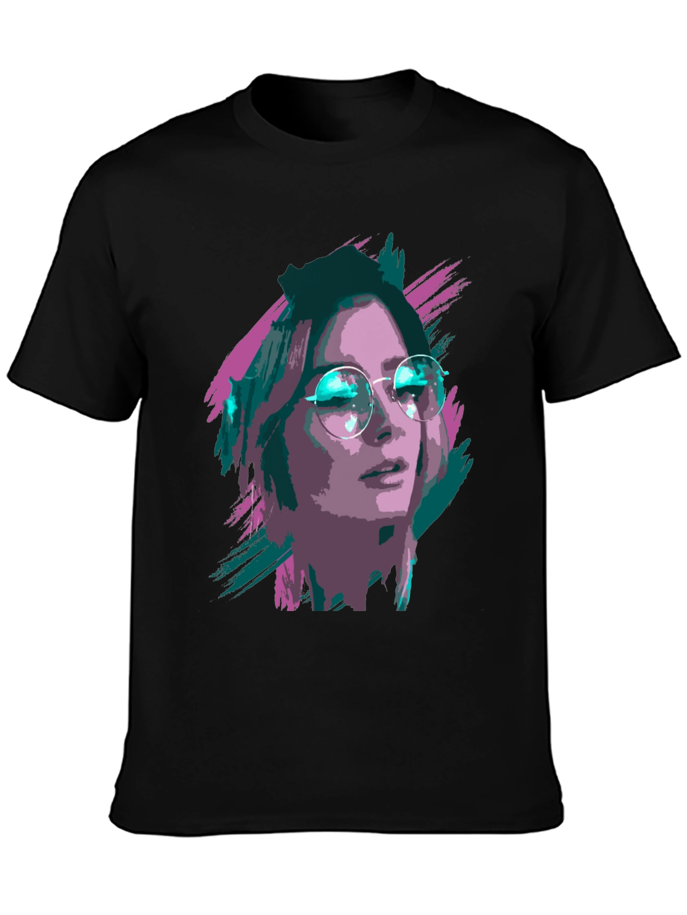 Black Stylish Graphic T-Shirt - Woman with Glasses Print view 3