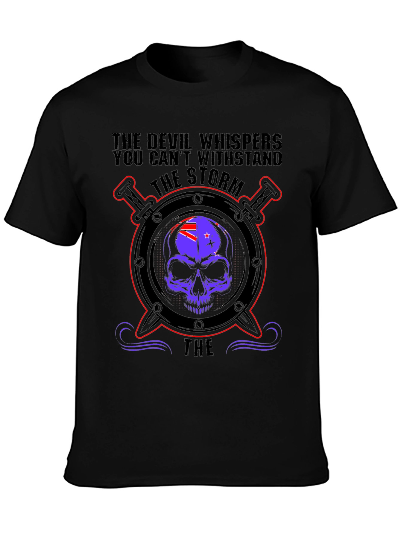 Black Devil Whispers Storm T-Shirt - Skull & Swords Design view 3
