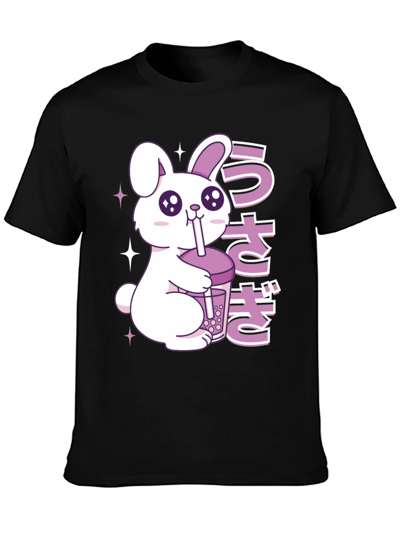 Black Kawaii Rabbit Boba Tea Graphic T-Shirt view 3
