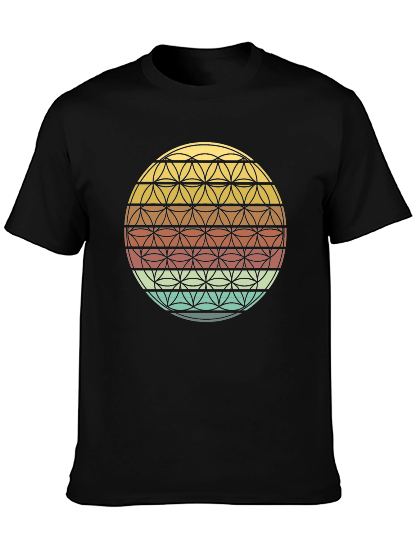 Black Geometric Flower of Life Retro T-Shirt view 3