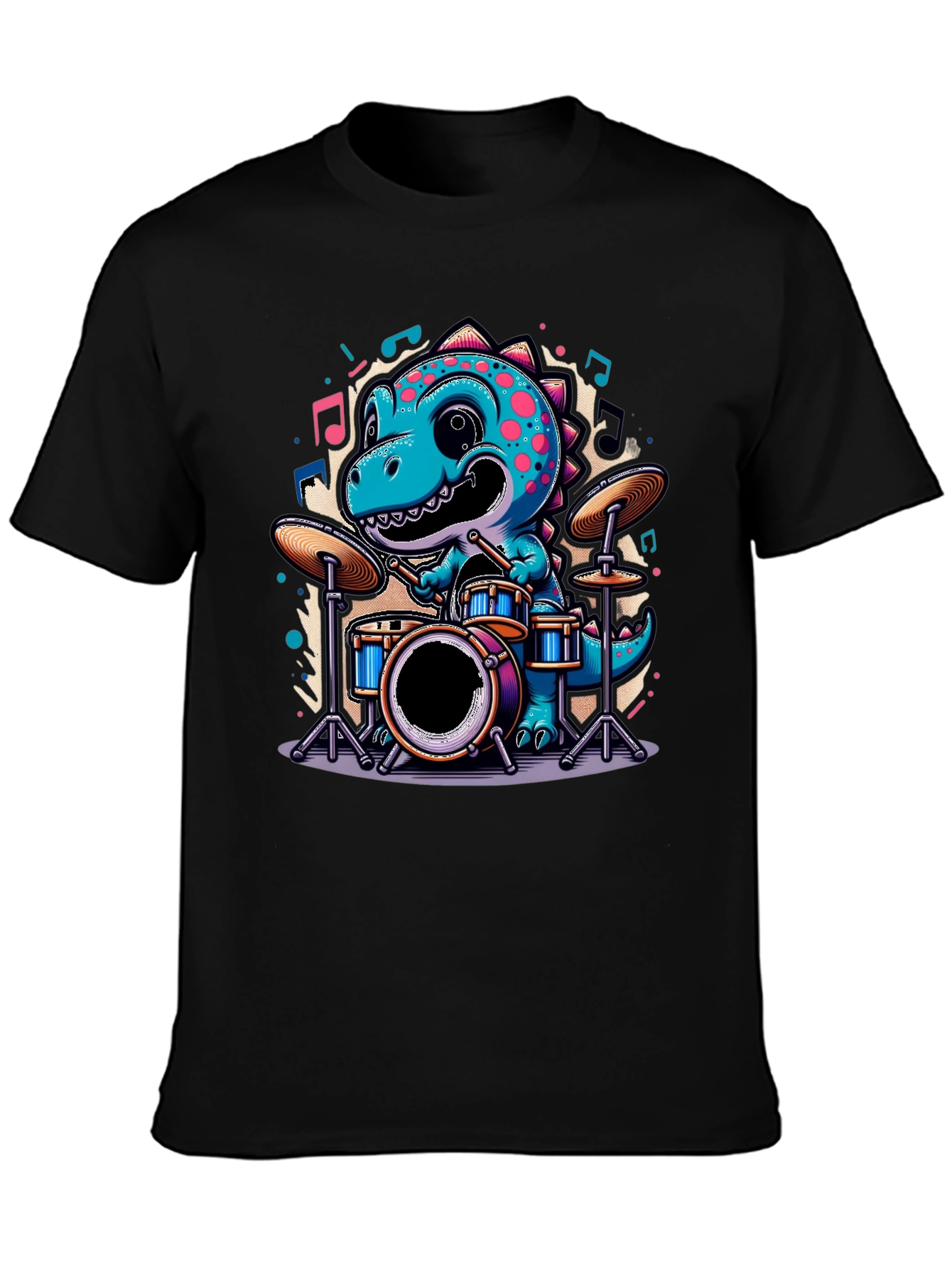Black Dino Drummer Tee - Cute Cartoon Dinosaur T-Shirt view 3