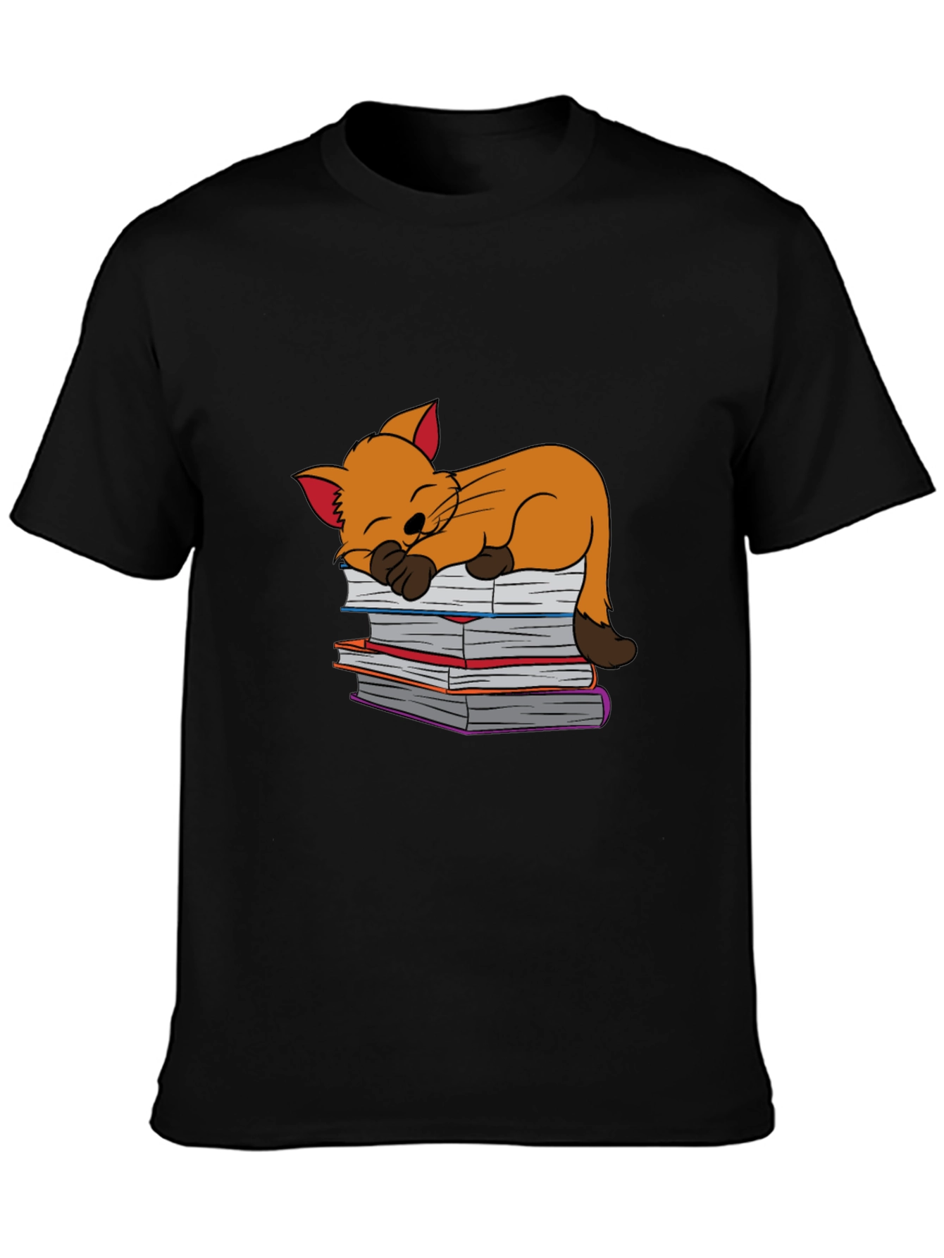 Black Cute Cat Sleeping on Books T-Shirt - Black view 3