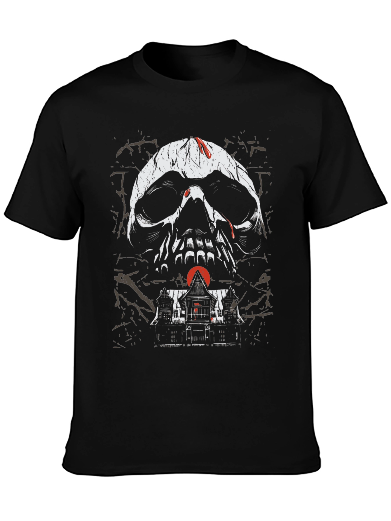 Skull & Haunted House Graphic Tee - Gothic Black T-Shirt - 3