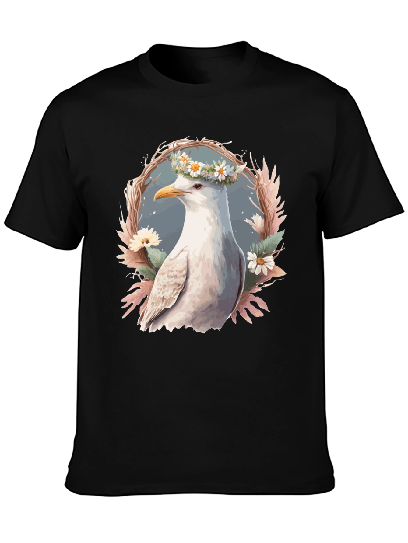 Black Seagull Floral Wreath Graphic Tee view 3