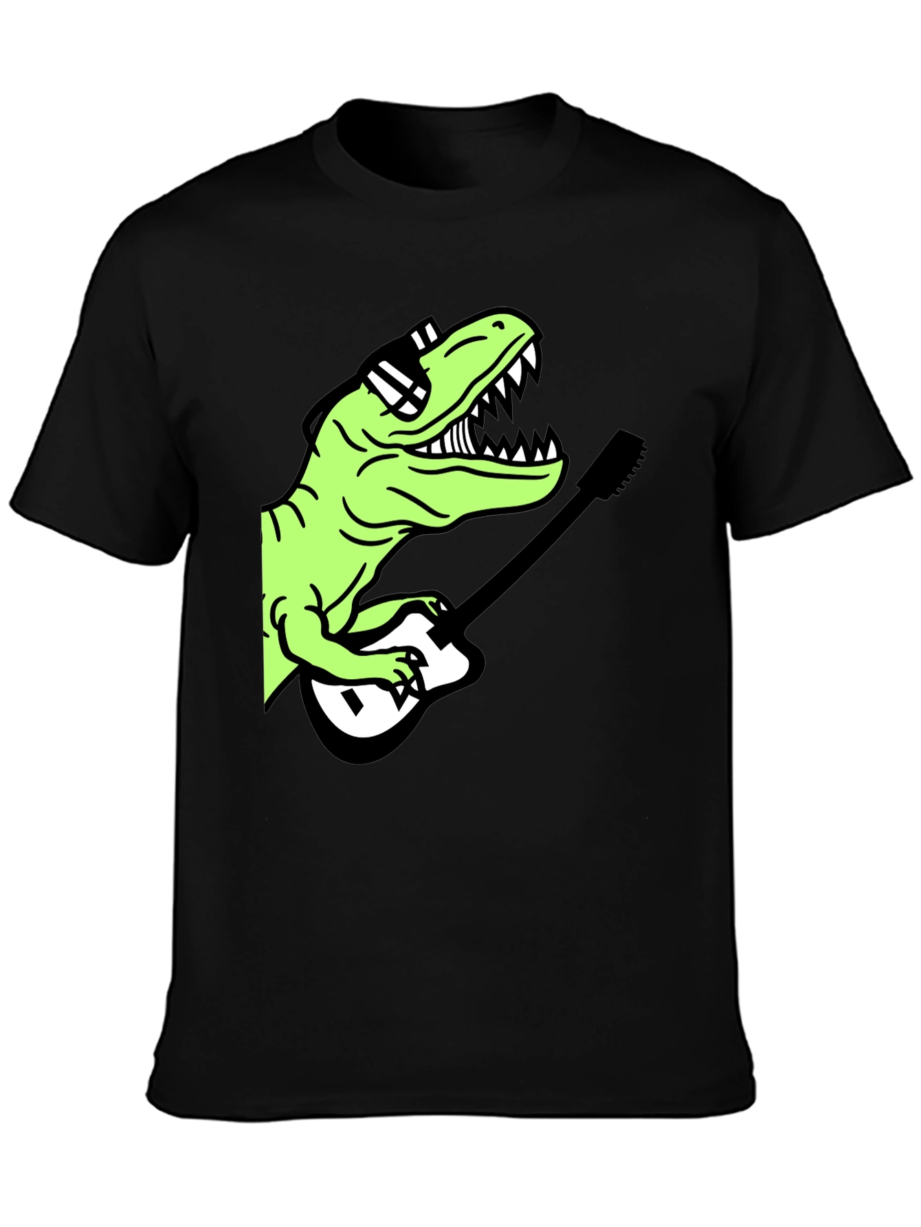Black Cool Dinosaur Guitar Player Graphic T-Shirt view 3