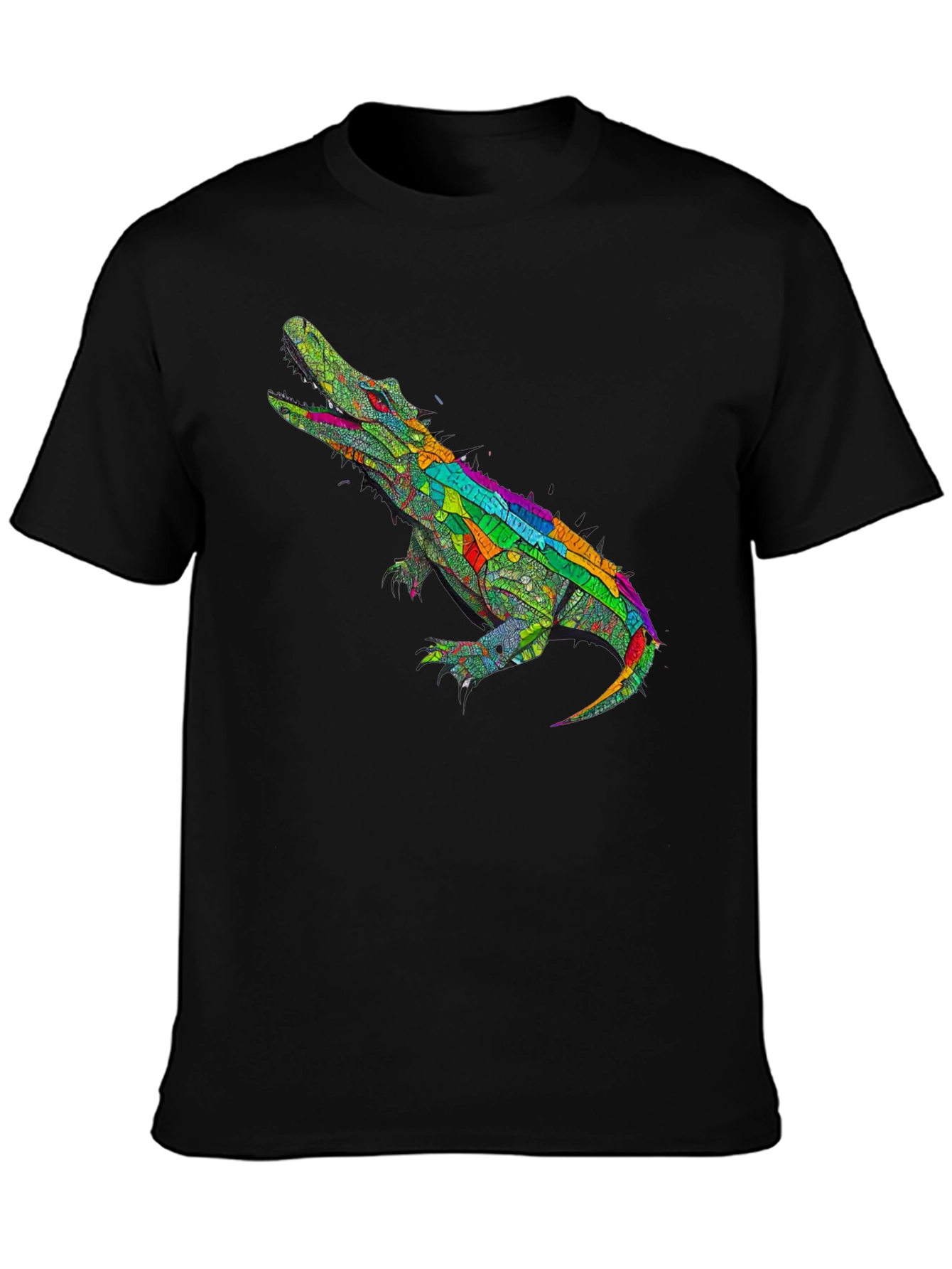 Black Colorful Crocodile Graphic Tee - Black Cotton T-Shirt view 3