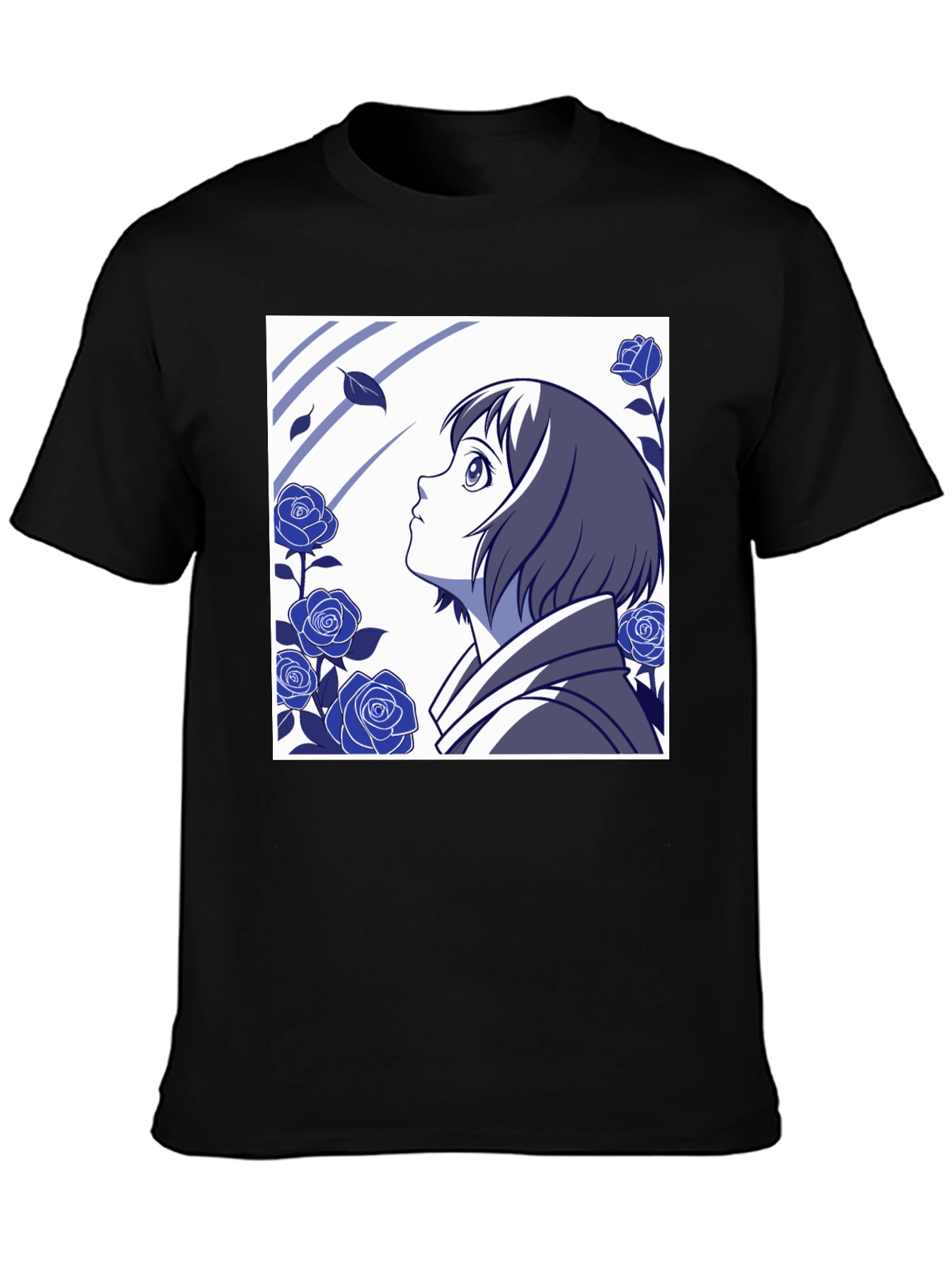 Black Anime Girl & Roses Graphic Tee - Stylish Black T-Shirt view 3