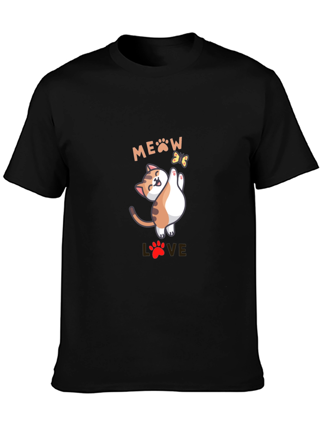 Black Cute Meow Love Cat Graphic Black T-Shirt view 3