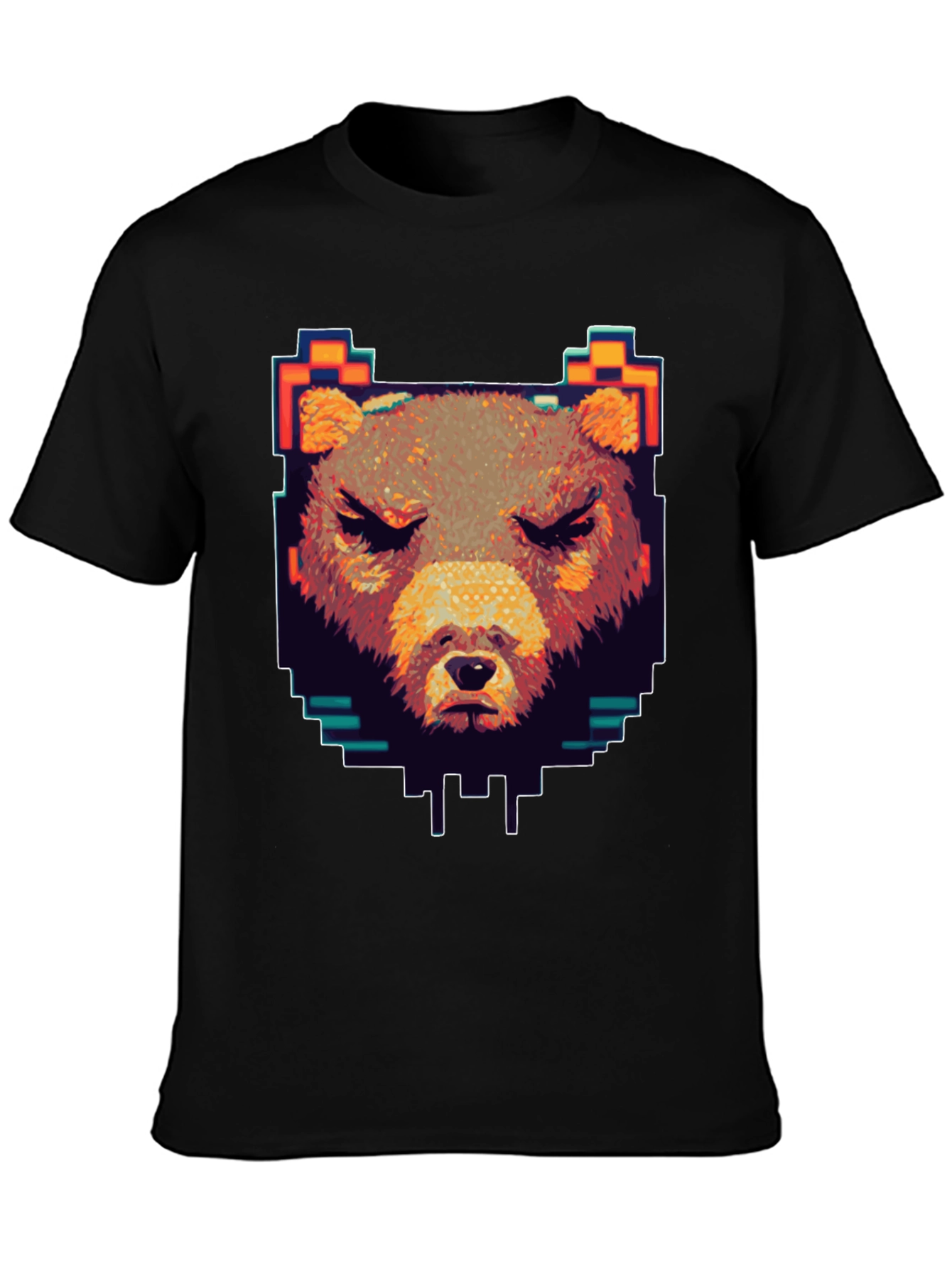 Black Pixel Bear Graphic T-Shirt - Black Crew Neck view 3