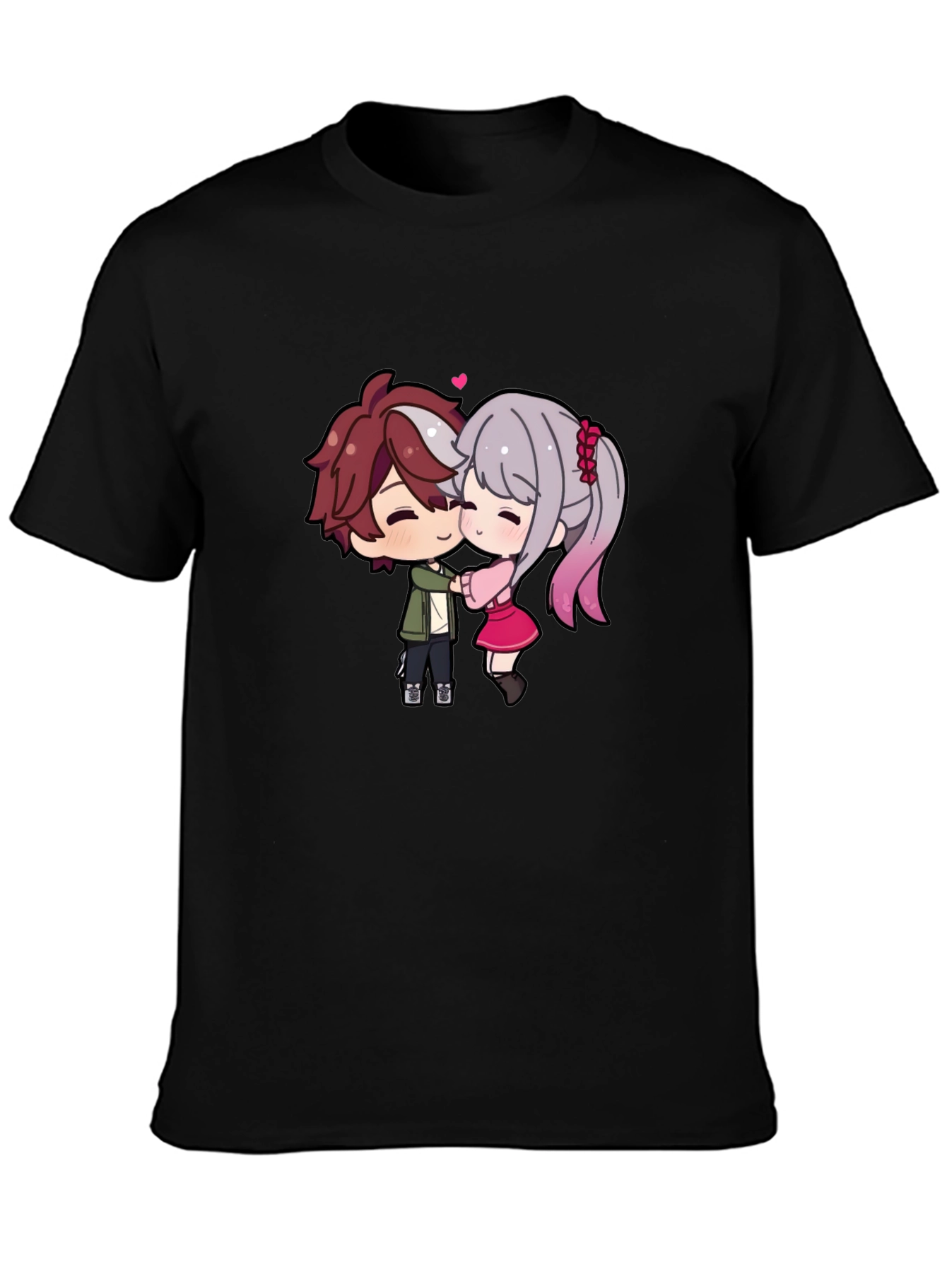 Black Cute Anime Couple T-Shirt - Sweet Embrace view 3