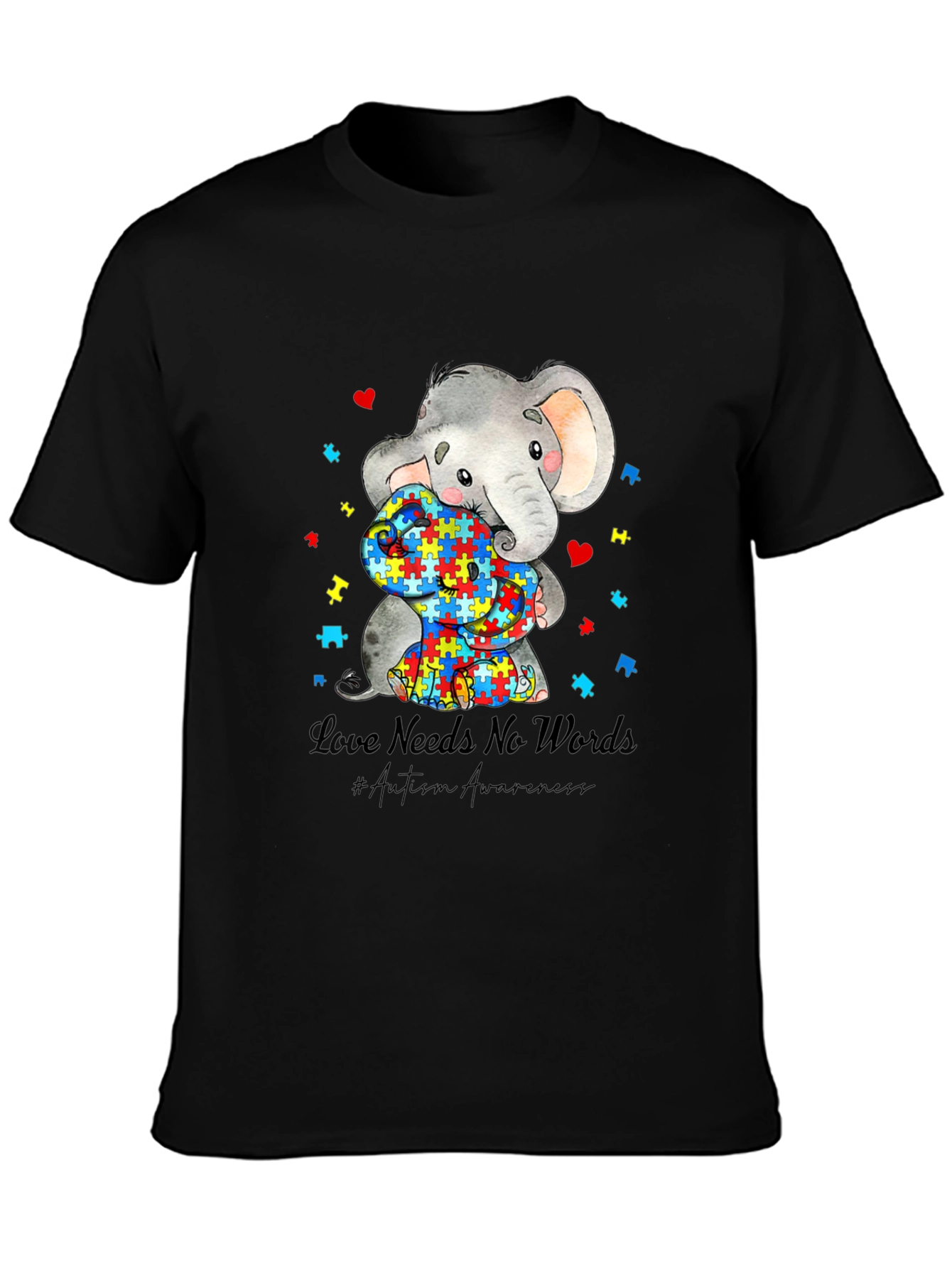 Black Autism Awareness Elephant Love Needs No Words T-Shirt view 3