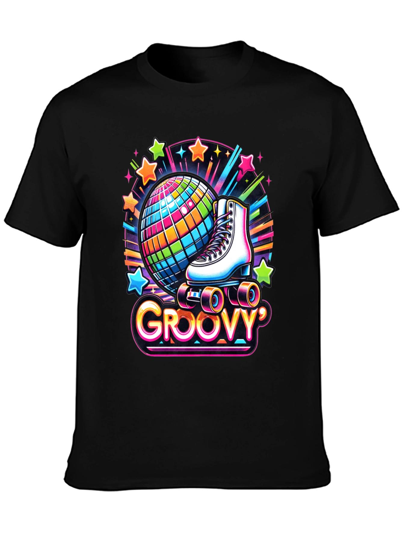 Black Groovy Roller Skate Disco Ball T-Shirt view 3
