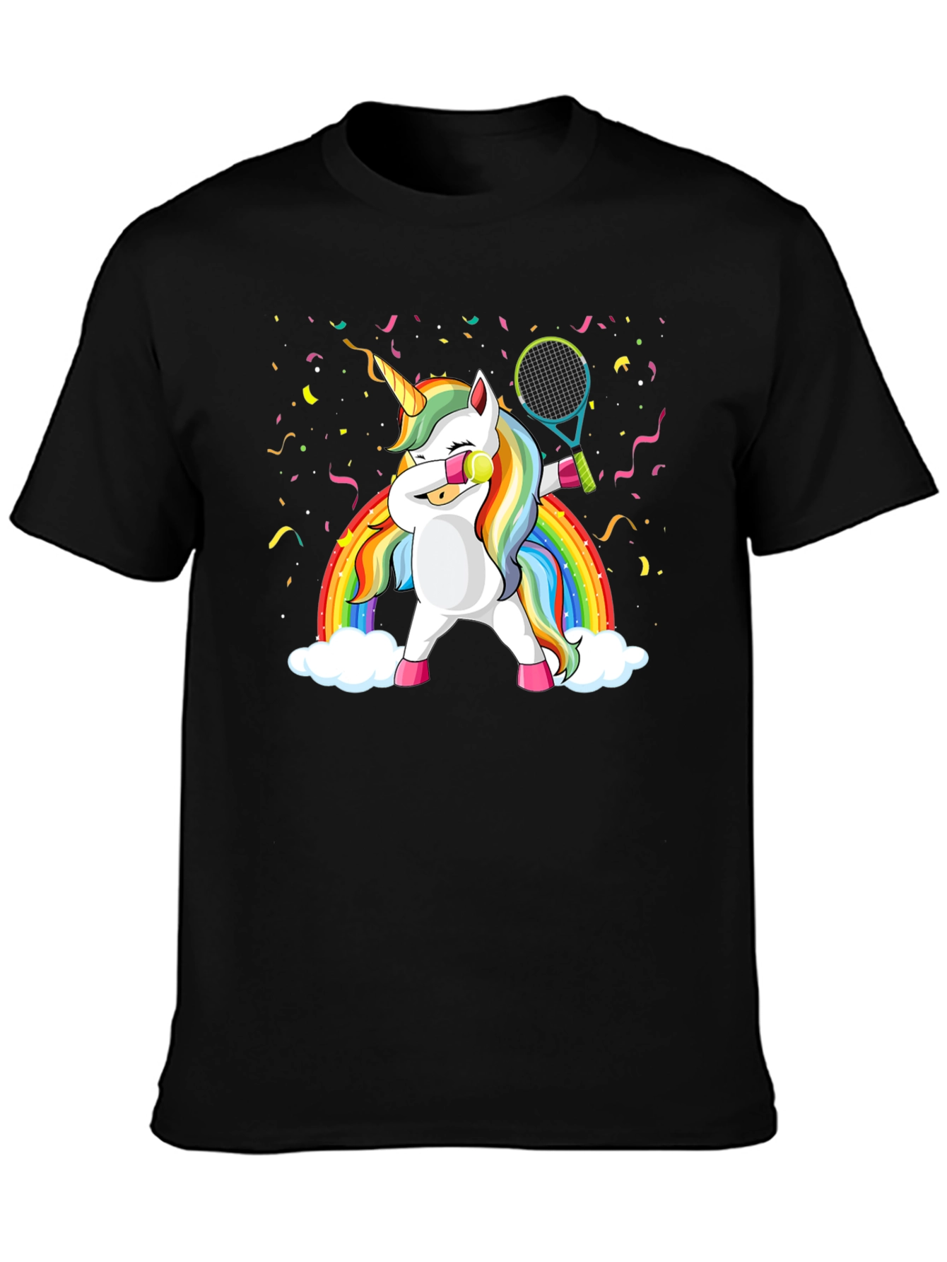 Black Dabbing Unicorn Tennis Rainbow Graphic T-Shirt view 3