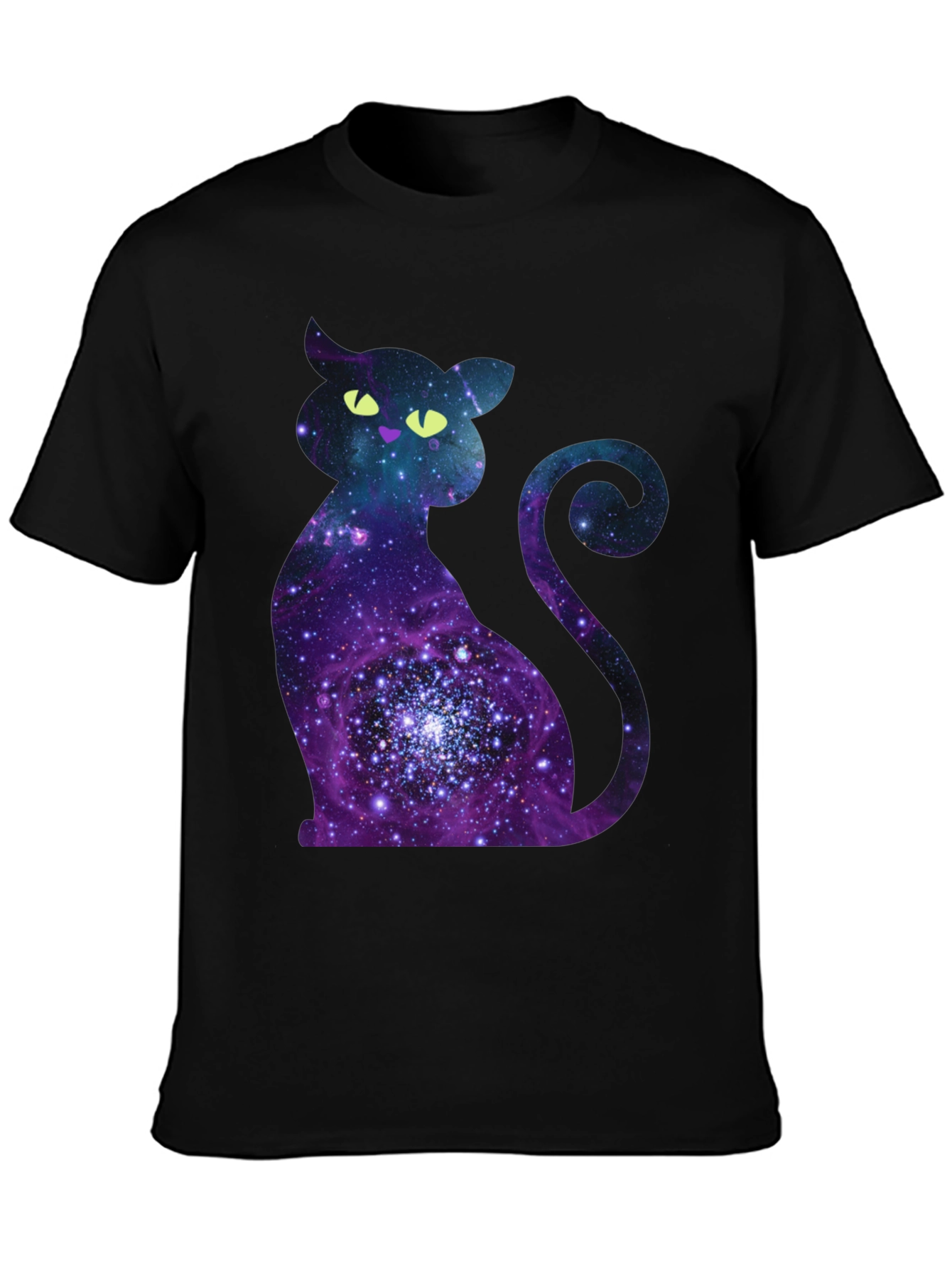 Black Galaxy Cat Graphic Print Crew Neck T-Shirt view 3