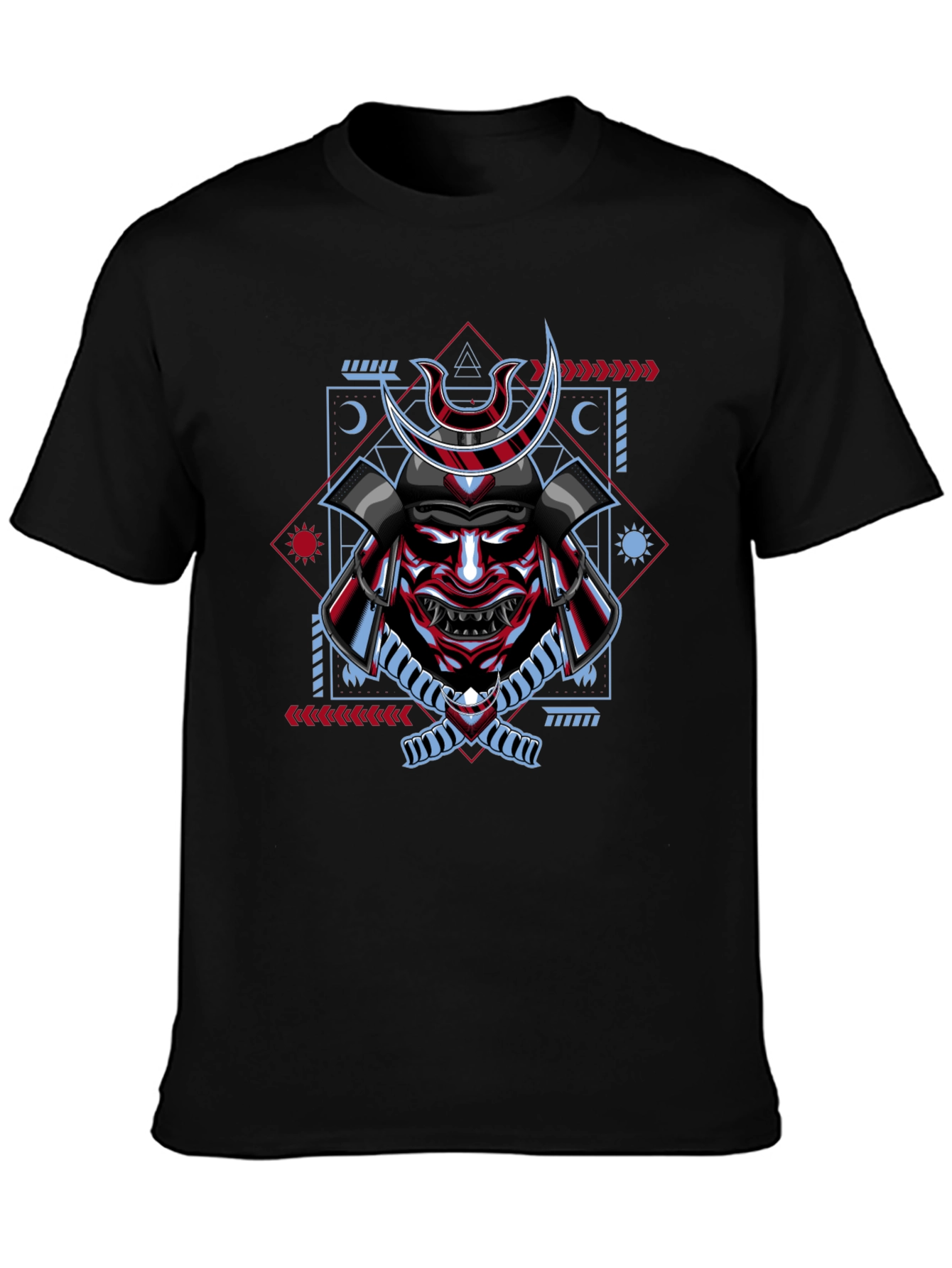 Black Samurai Mask Graphic Print T-Shirt - Black view 3