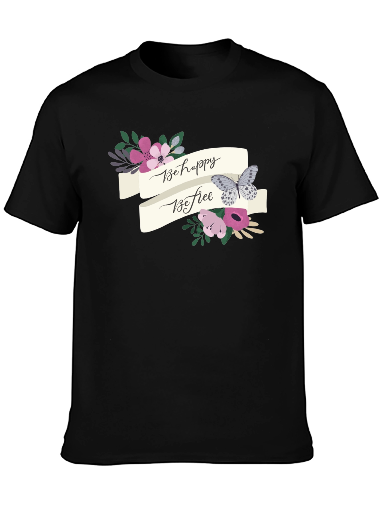 Black Be Happy Be Free Floral Butterfly Graphic Tee view 3