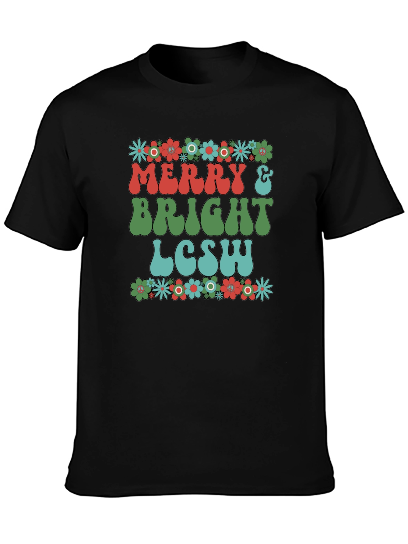 Black Merry & Bright LCSW T-Shirt - Floral Design view 3